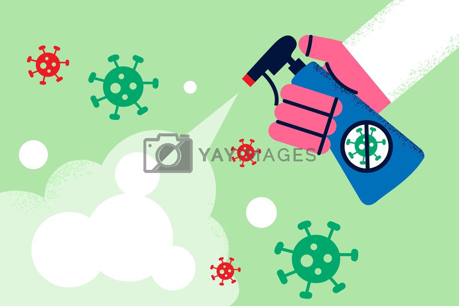 Protection from virus bacteria concept. Human hand holding spray against virus bacterias flying in air over green background vector illustration