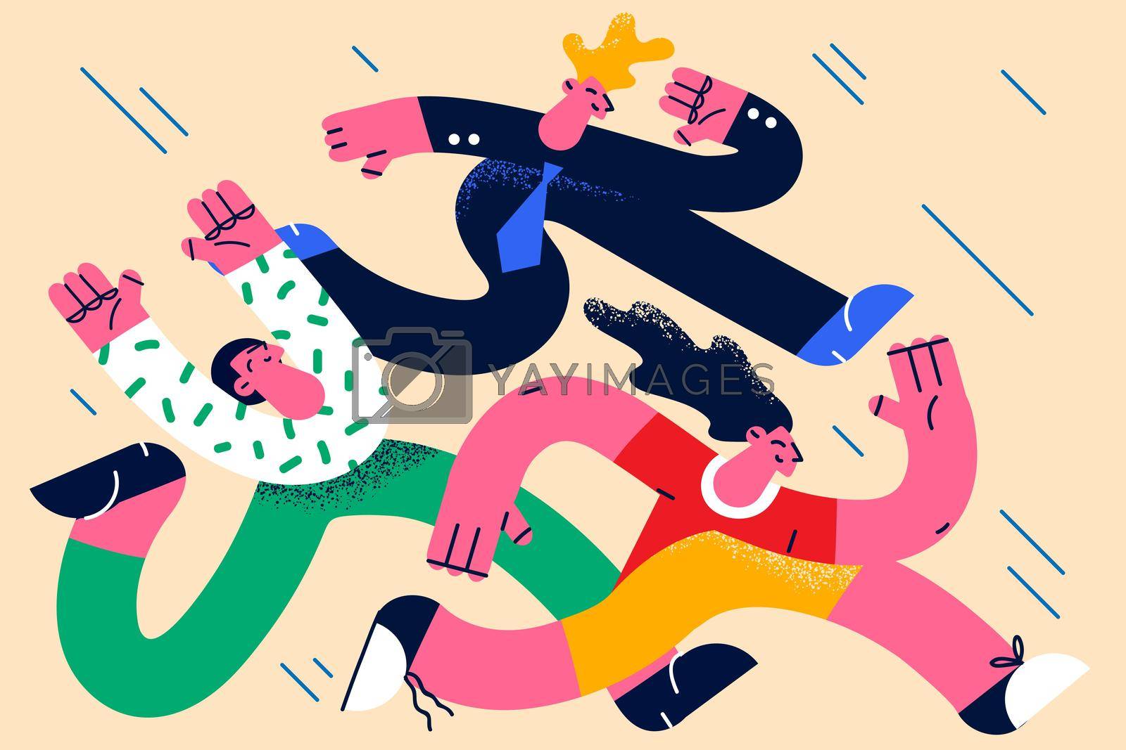 Business competition and contest concept. Young smiling business coworkers partners team running together competing with each other trying to win and get first prize vector illustration