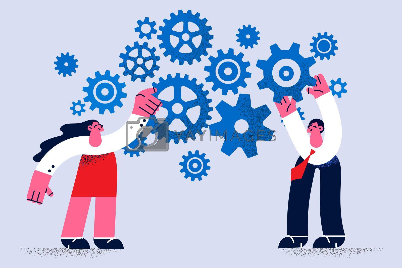Teamwork, business work collaboration concept. Two young people business colleagues man and woman standing fixing working gears together uniting efforts vector illustration