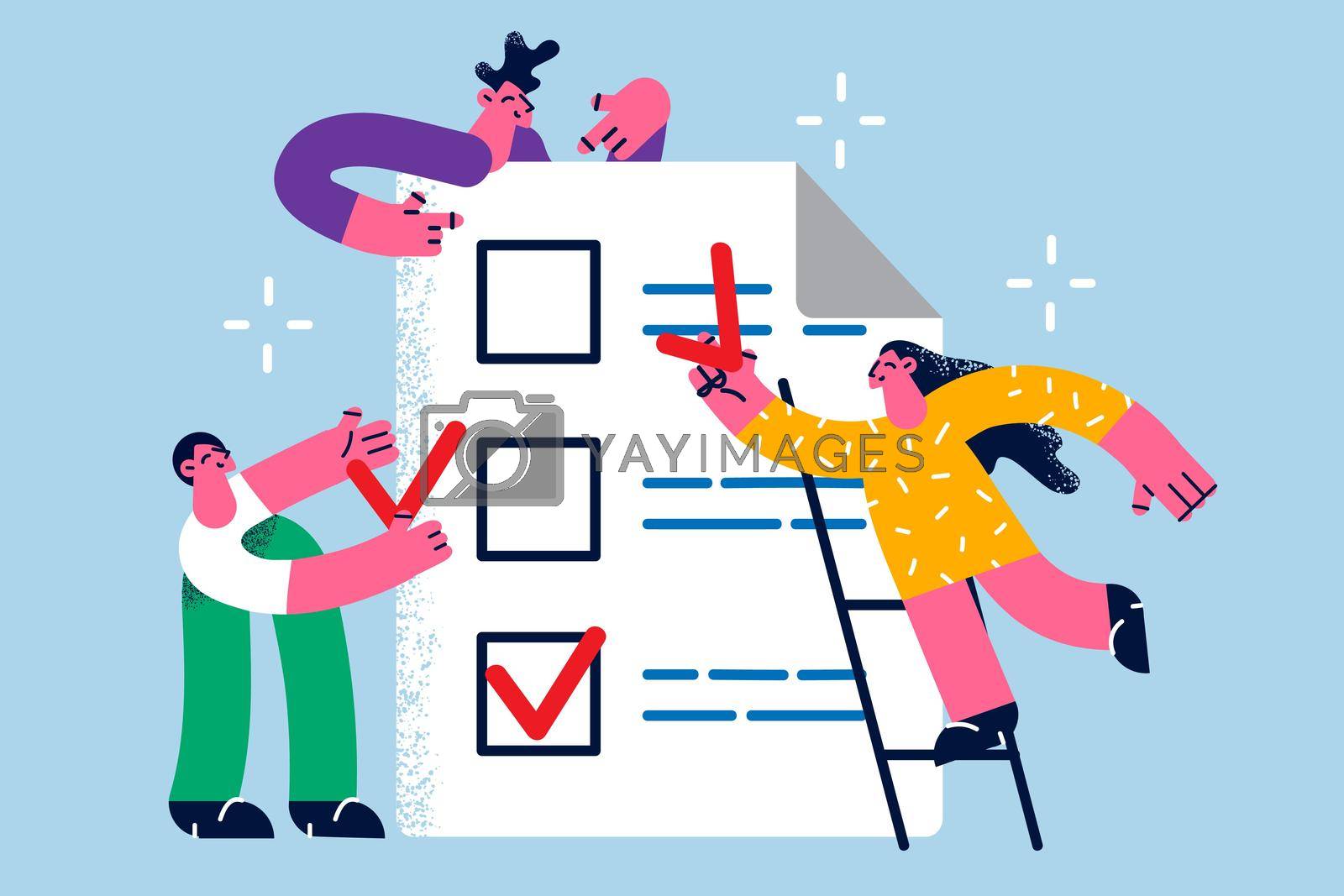 Time management and task completion concept. Group of business people standing around huge list of work duties tasks with red marks for completing vector illustration