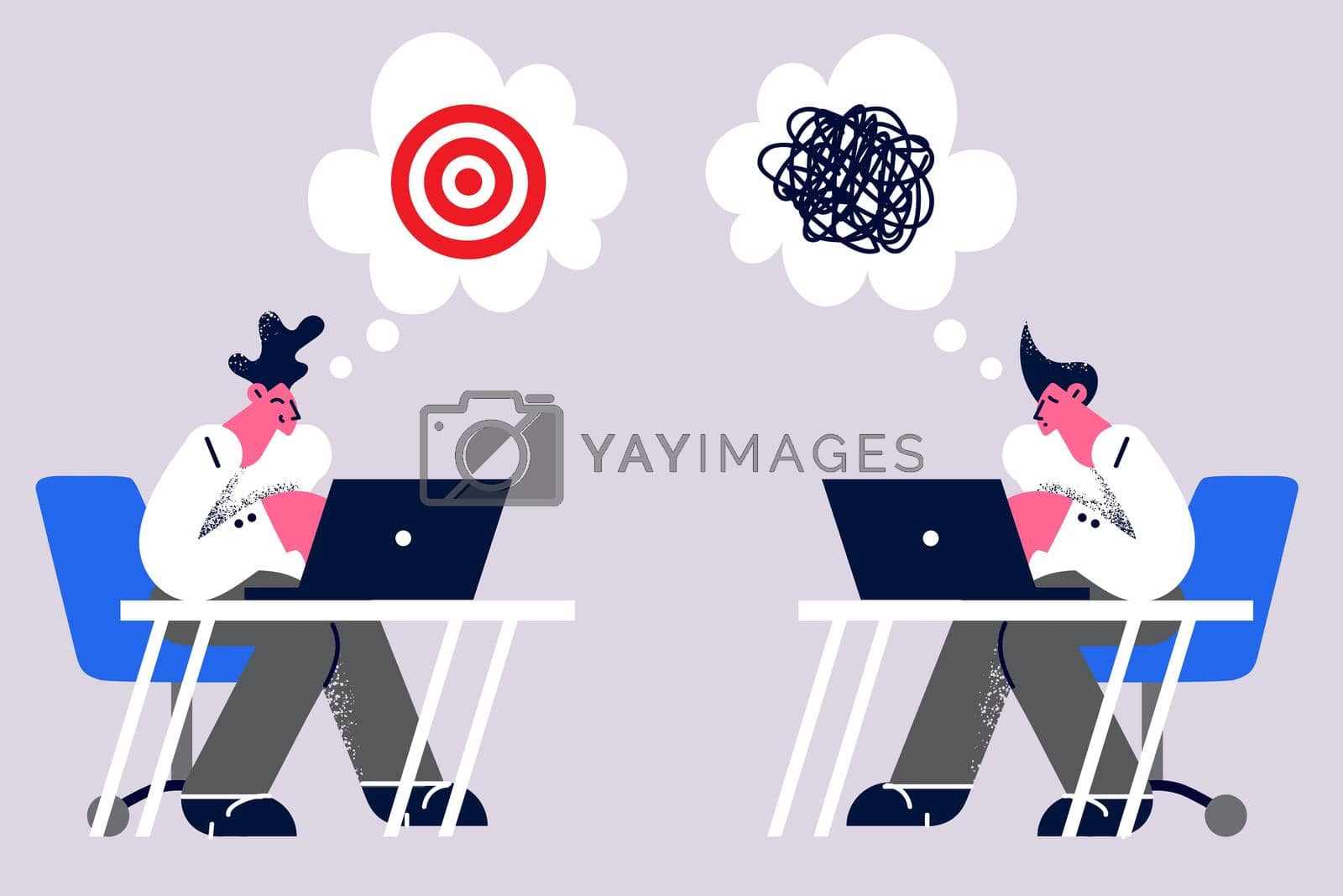 Business failure, frustration or success concept. Young business people workers one with happy face and success in business and another with frustrated face having mess in head vector illustration