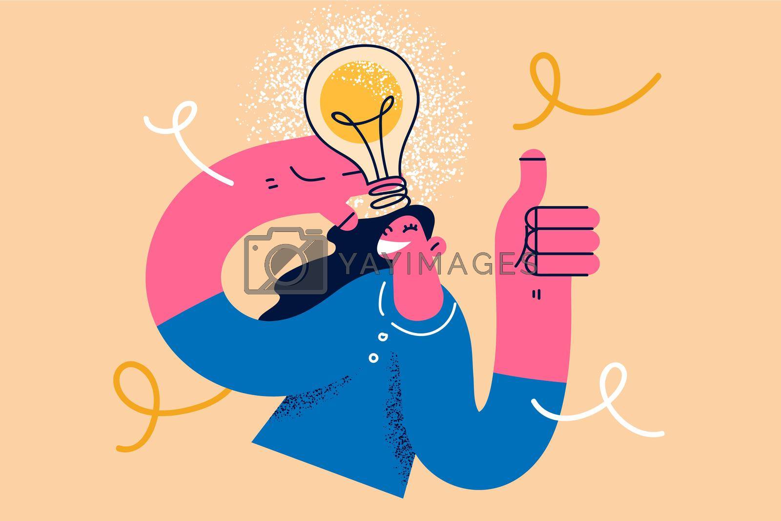 Great creative idea and innovation concept. Young smiling woman cartoon character standing showing thumbs up having great idea in mind with light bulb above vector illustration
