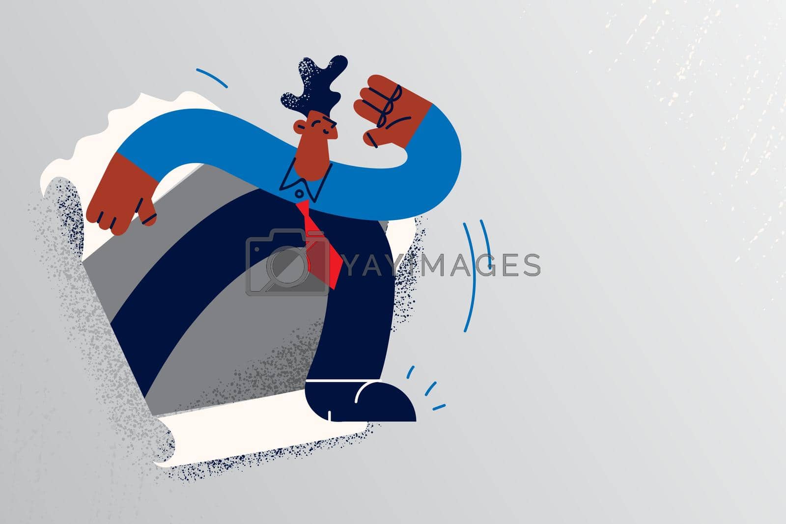 New opportunities and business development concept. Young black businessman in tie running from torn paper to freedom vector illustration