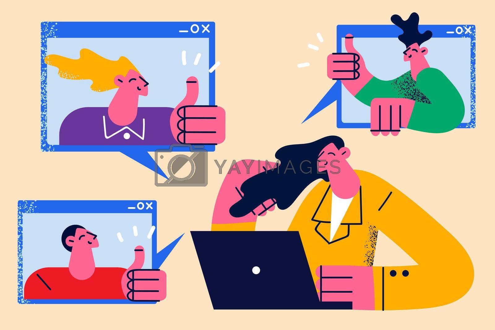 Online meeting and video chat concept. Group of young people cartoon characters colleagues showing thumb up signs from screens during online meeting at pandemic and quarantine vector illustration