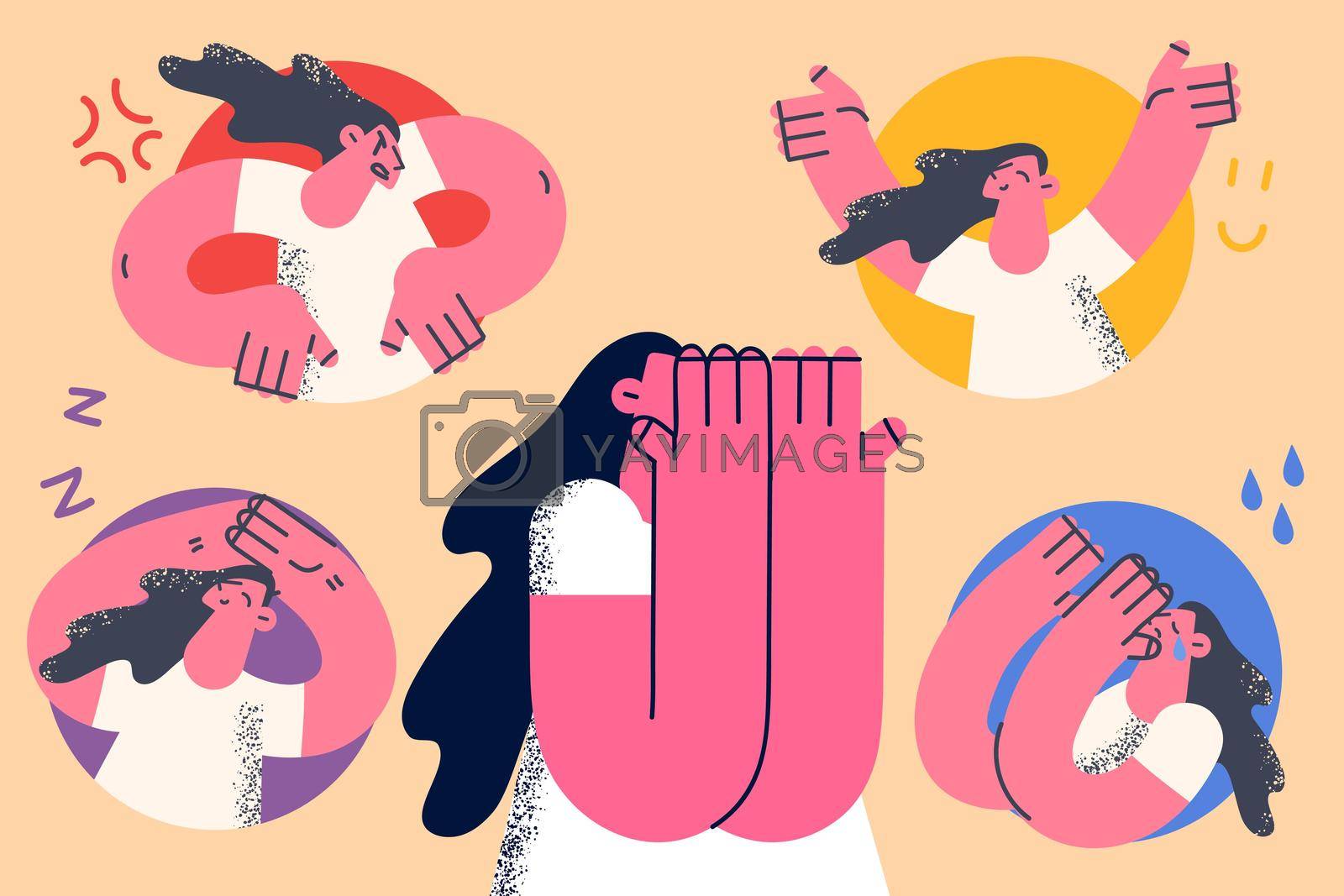 Mental health and bipolar disorder concept. Young woman covering face with hands with various states of mood around from grief to happiness vector illustration