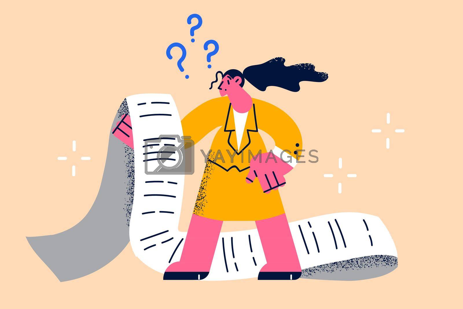 Financial crash and bankrupt concept. Young frustrated woman cartoon character standing looking at long paper bill feeling frustrated vector illustration