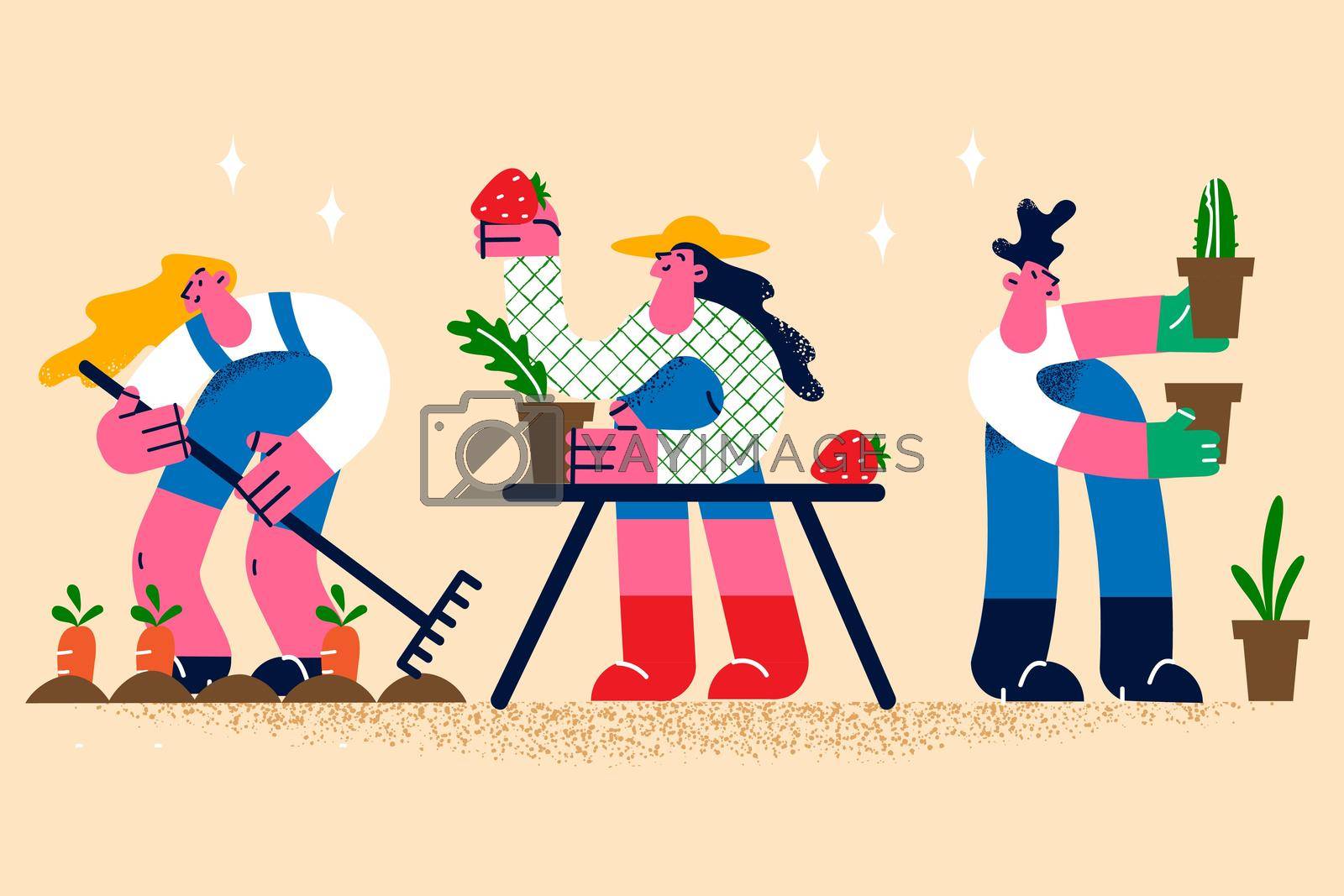 Agriculture and farming lifestyle concept. Group of young women and man farmers standing with grown plants fruits and vegetables produce vector illustration