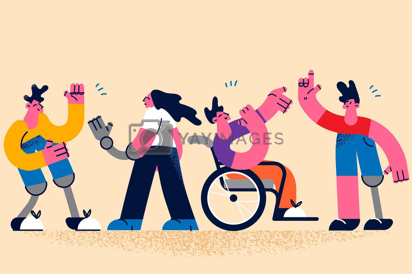 Happy active lifestyle of disabled people concept. Group of young disabled people playing communicating feeling positive and confident vector illustration