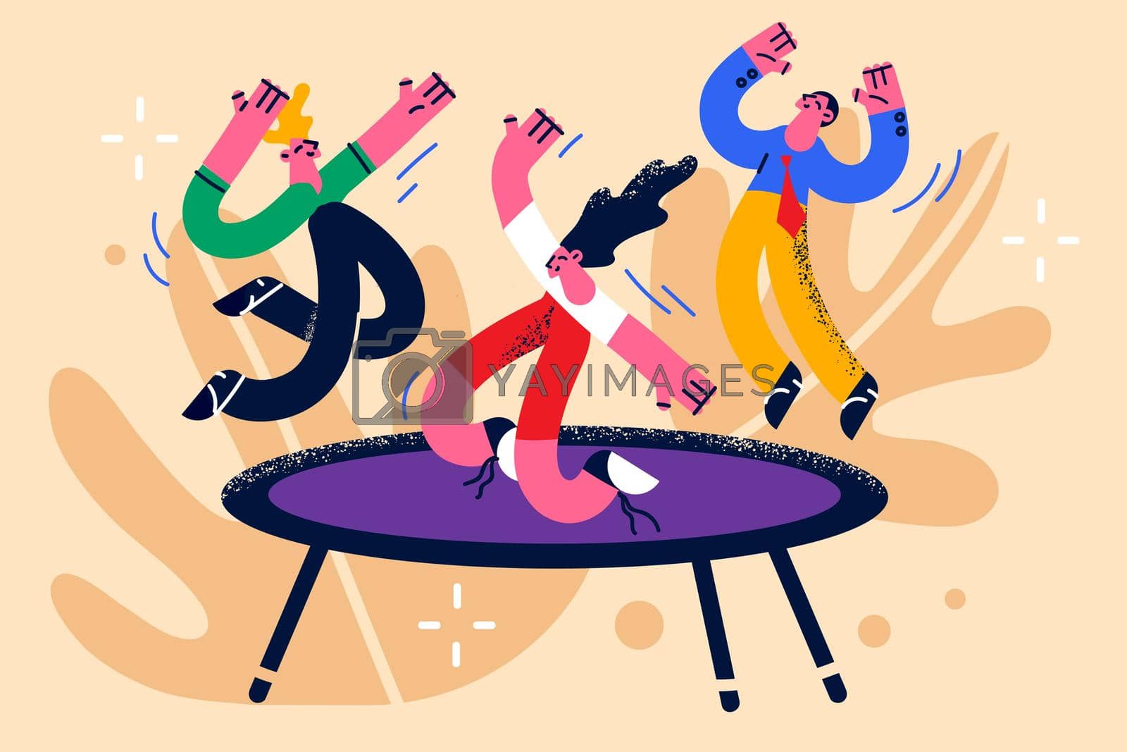 Children activities and having fun concept. Group of happy kids jumping on trampoline feeling positive having fun together vector illustration