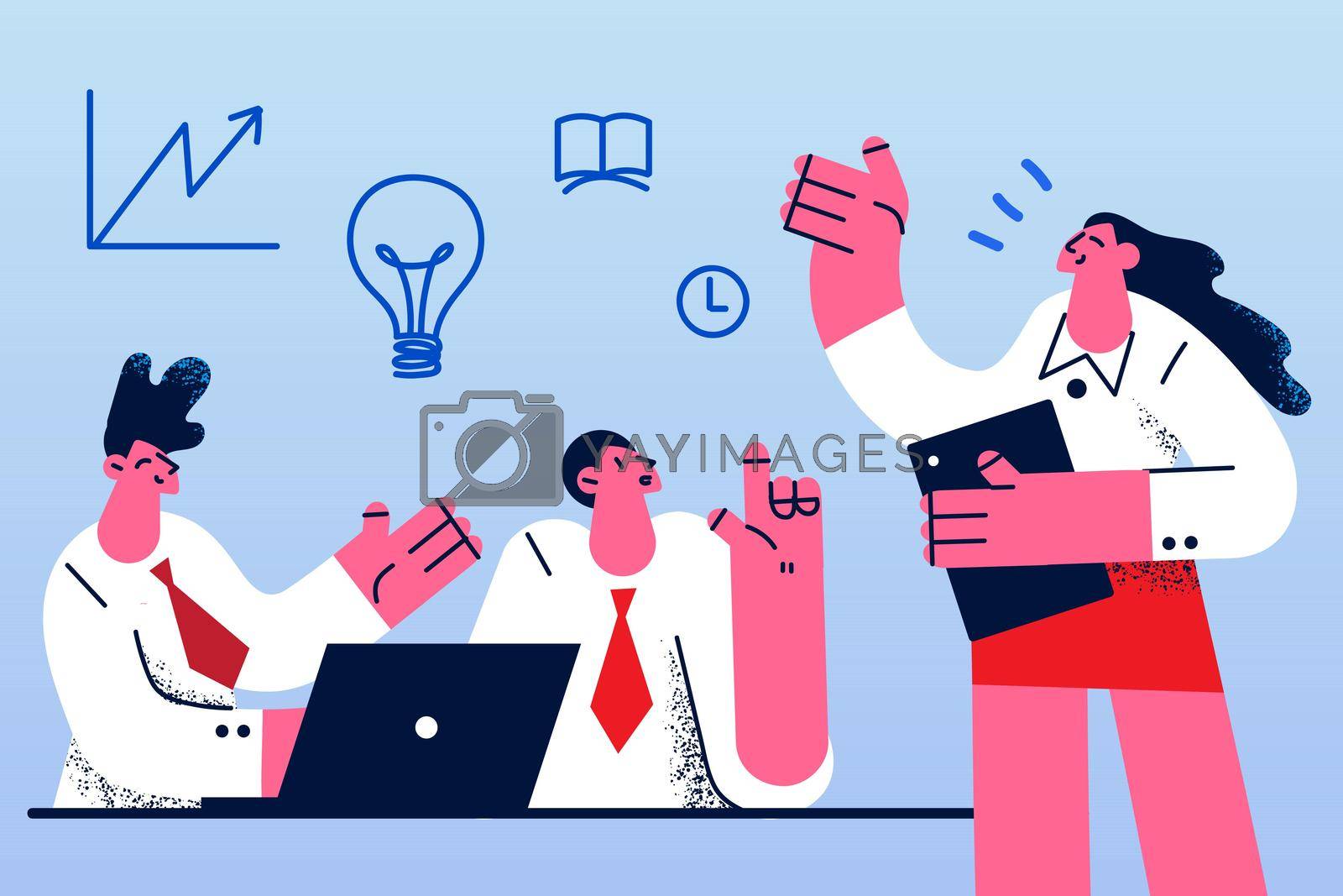 Brainstorm, Business negotiations, Creative idea concept. Young smiling business people discussing business project in office having great ideas in mind vector illustration