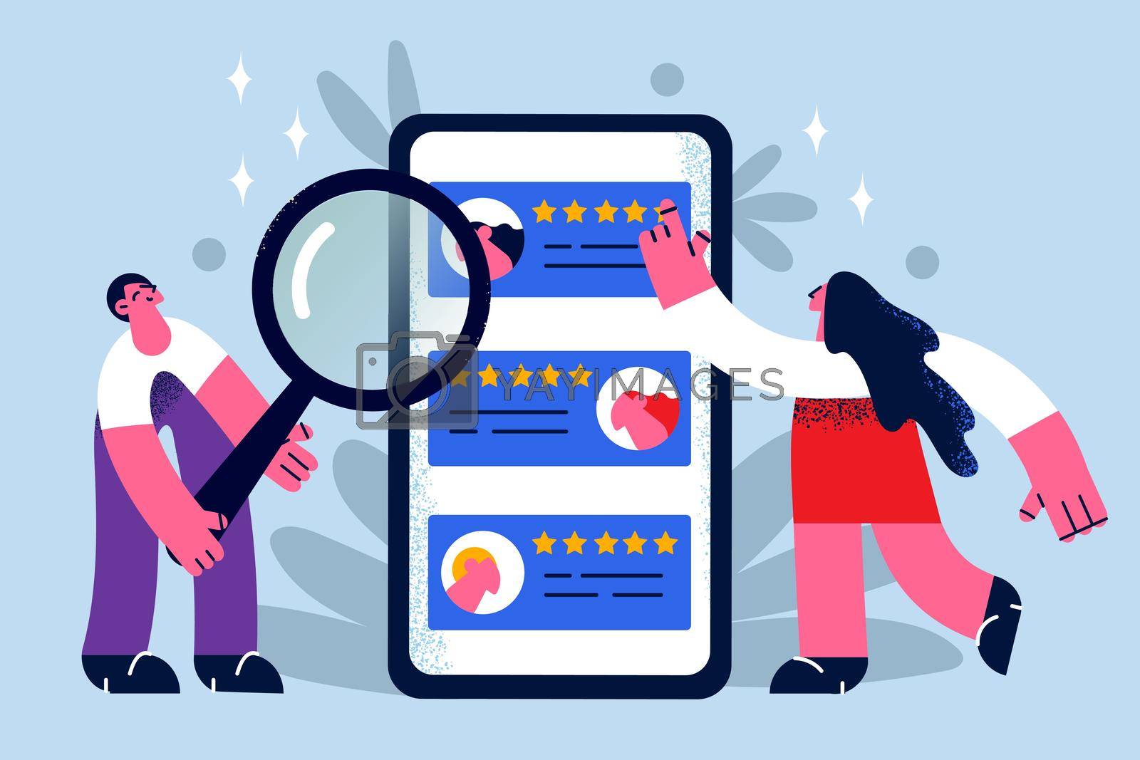 Human resources and online hunting concept. Young woman and man managers hunters standing with magnifier looking at workers ratings choosing vector illustration