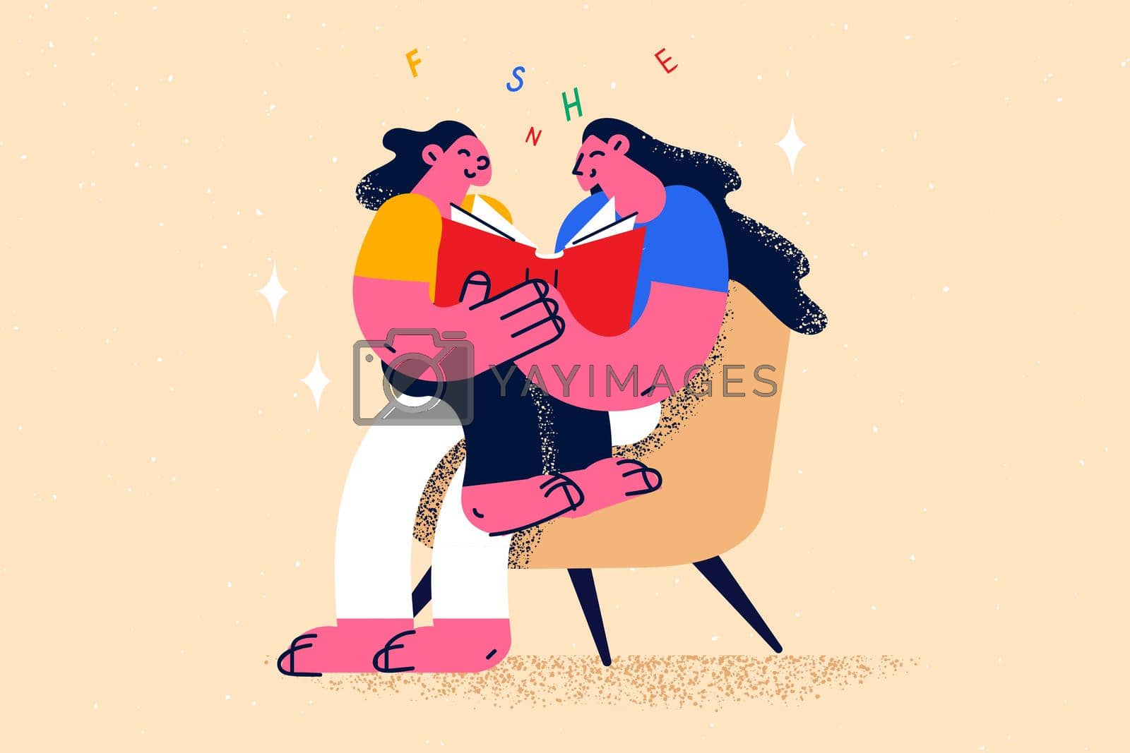 Education, reading, learning, knowledge concept. Young smiling woman mother or teacher sitting and reading book together with small daughter vector illustration