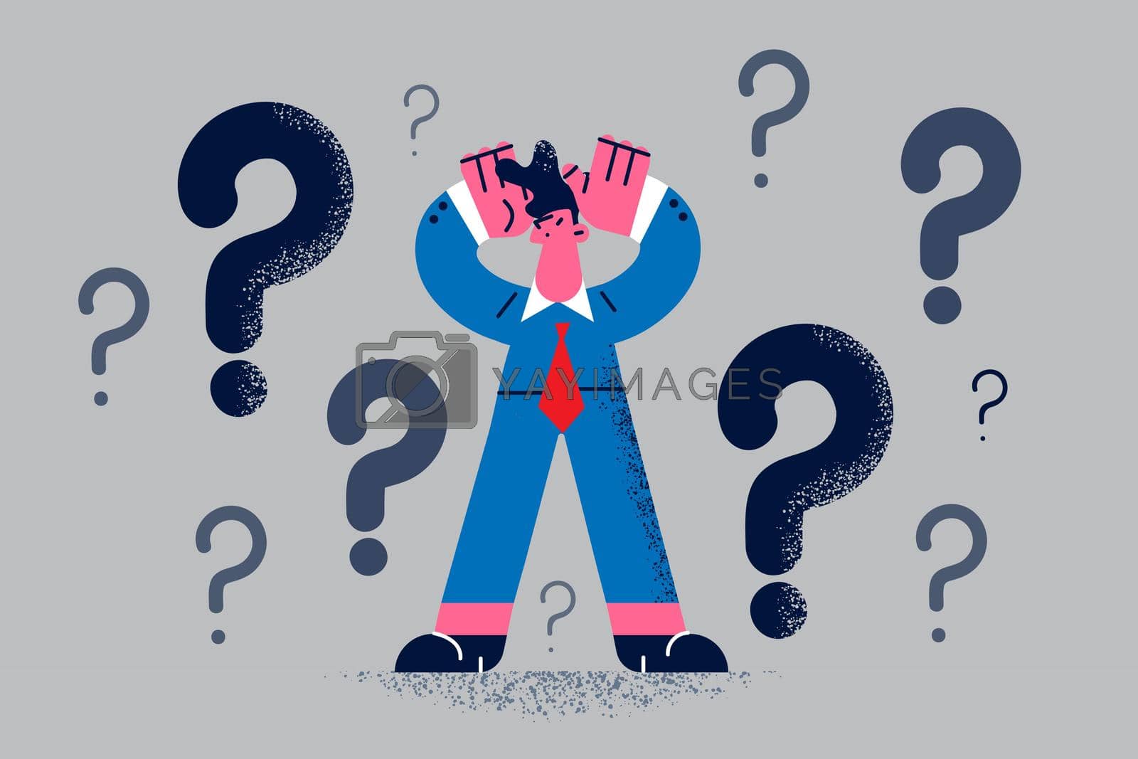 Doubt, feeling not confident concept. Young frustrated businessman cartoon character standing thinking trying to decide with question marks above vector illustration