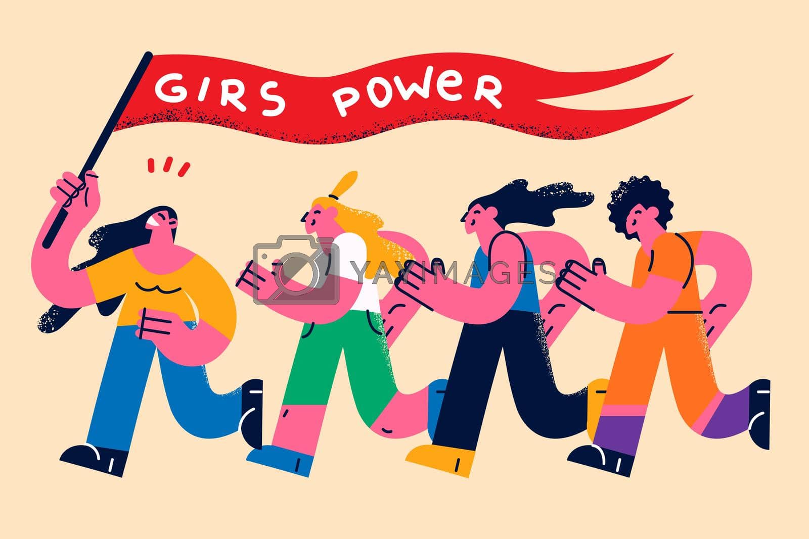 Feminism, women rights and power concept. Group of young girls friends running smiling holding flag with girls power lettering feeling confident vector illustration
