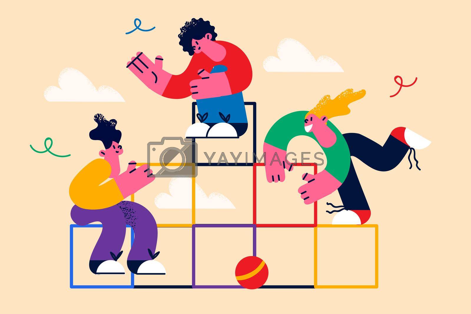 Teamwork, cooperation and working together concept. Group of young people business colleagues cartoon characters sitting at structure communicating waving hands together vector illustration