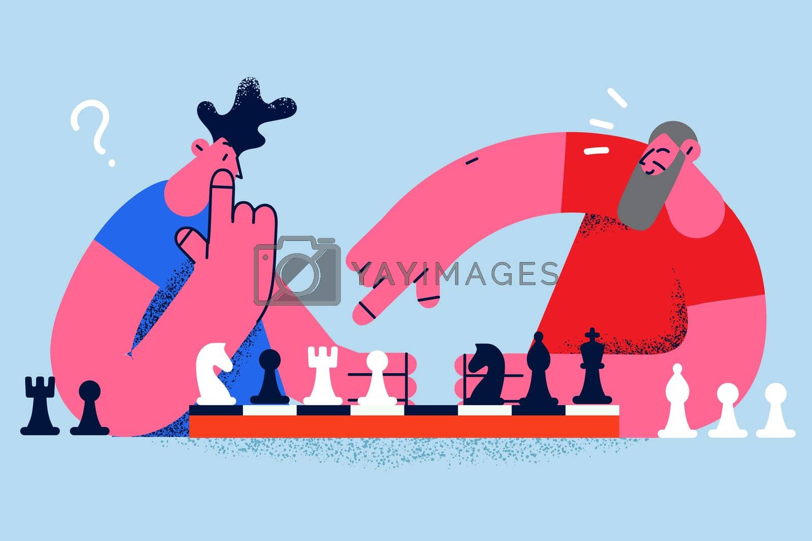 Playing chess and contest concept. Young men sitting and playing chess thinking of chess strategy during game vector illustration