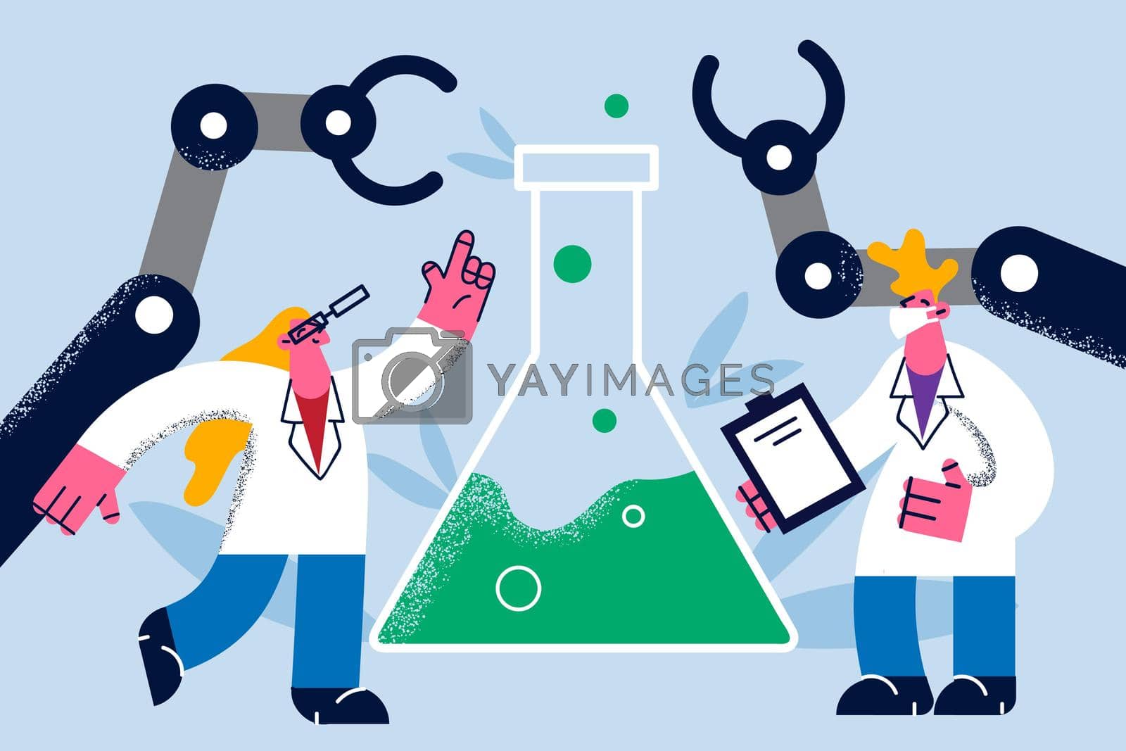 Science, making laboratory research concept. Two young scientists man and woman standing making research with huge flask in lab together vector illustration