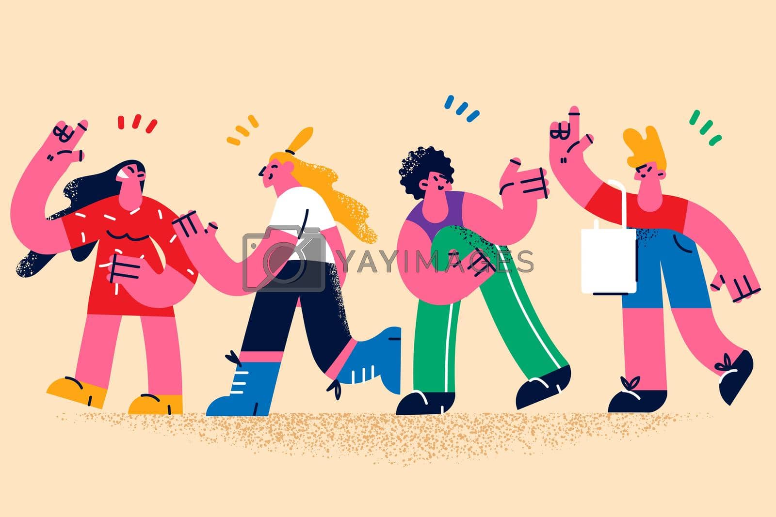 People communicating and greeting each other concept. Group of young smiling people waving hands greeting or congratulating each other vector illustration