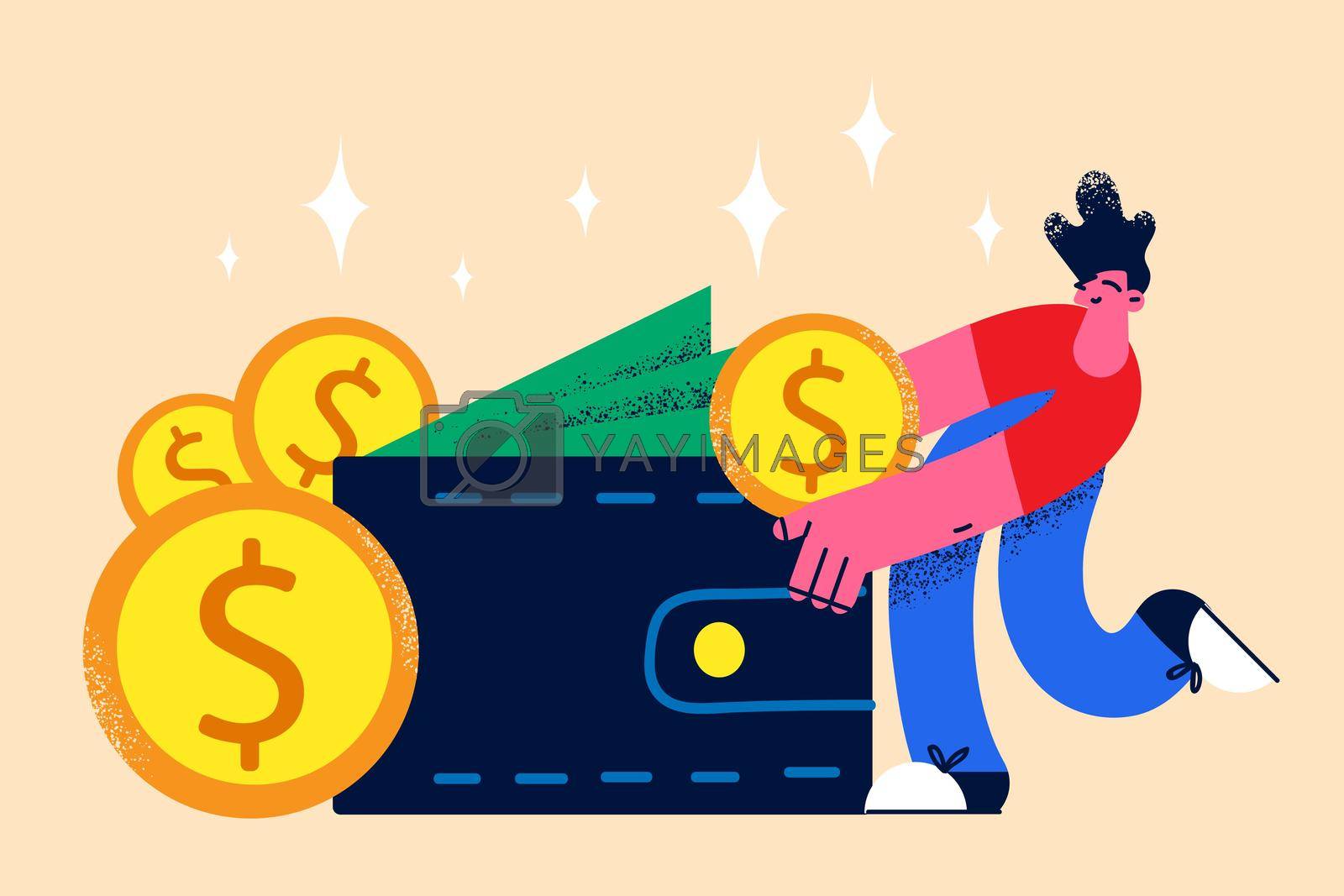 Wealth and money in pocket concept. Positive man standing and taking money golden coins from purse feeling rich and confident vector illustration