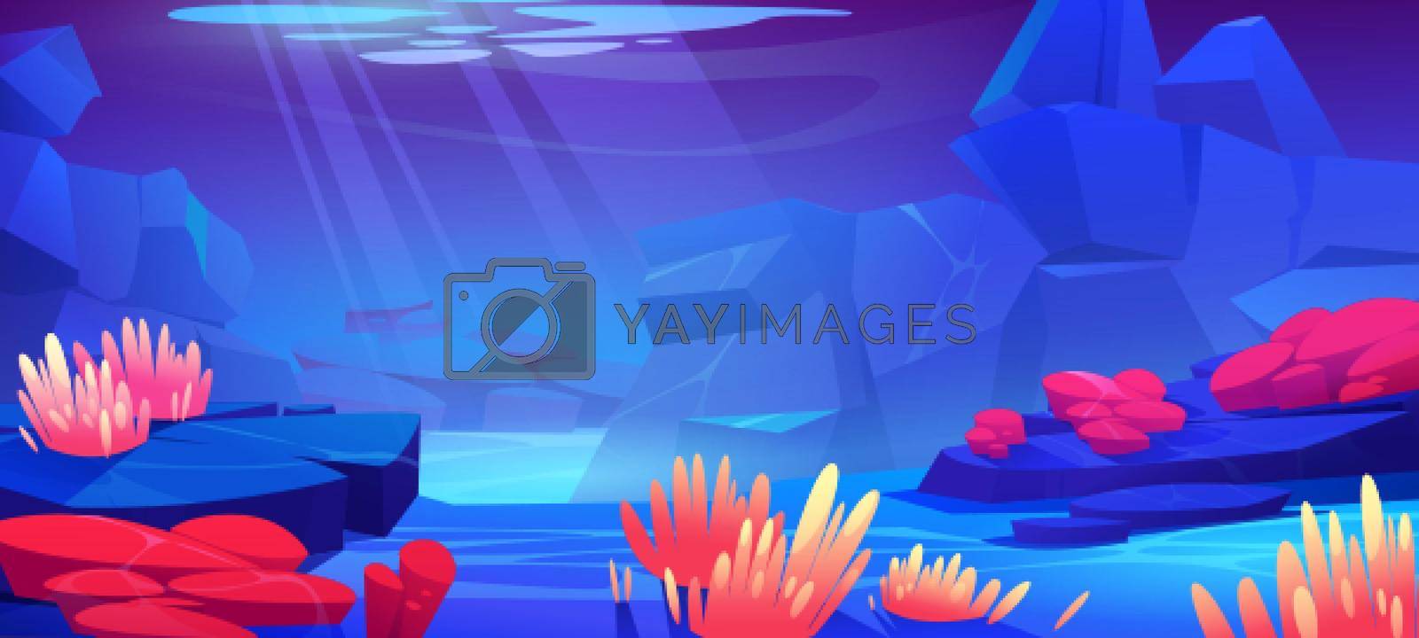 Underwater sea landscape with marine plants and animals. Vector cartoon illustration of ocean bottom with stones and tropical undersea fauna, actinias and sponges