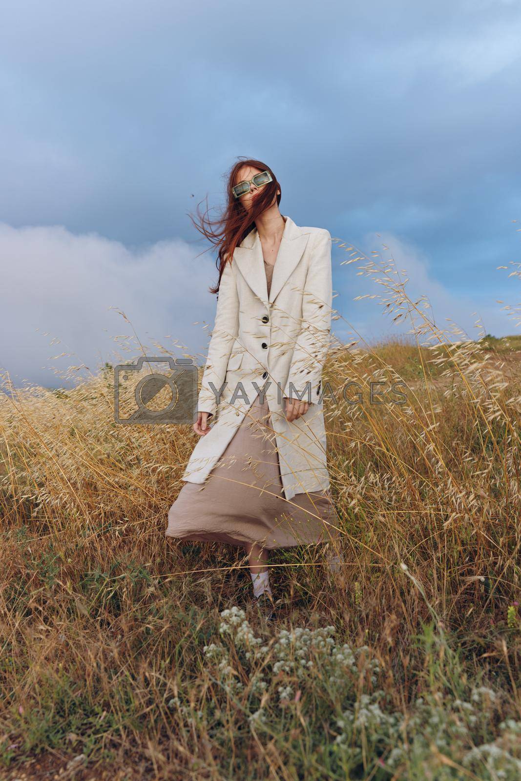 woman wheat countryside landscape freedom sunny day. High quality photo