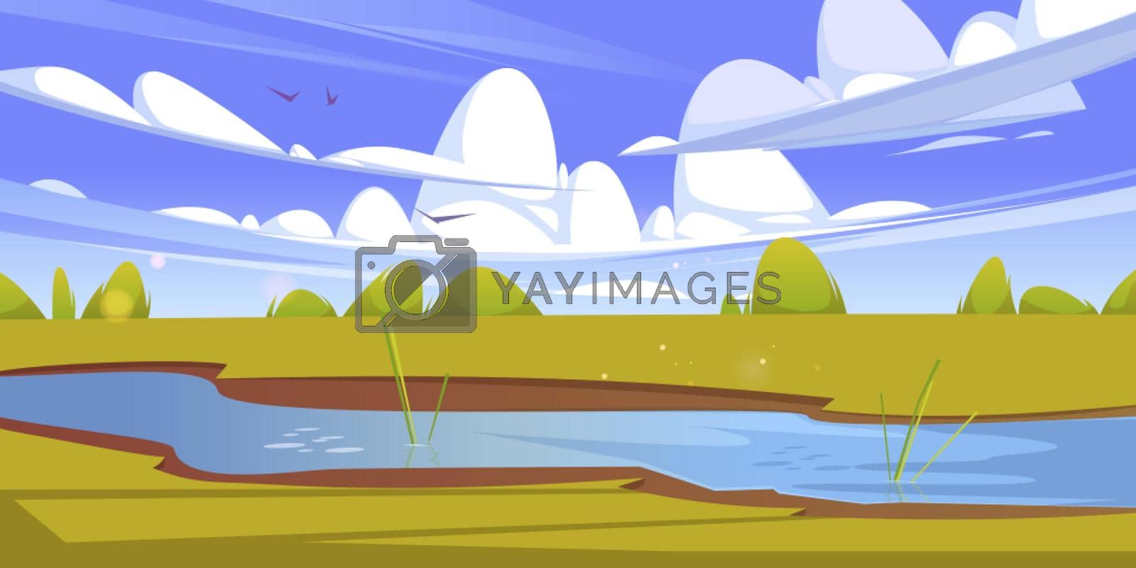 Summer landscape with brook, green grass and bushes. Vector cartoon illustration of nature scene with spring lawn on river shore, clouds and flying birds in blue sky. Rural meadow with water stream