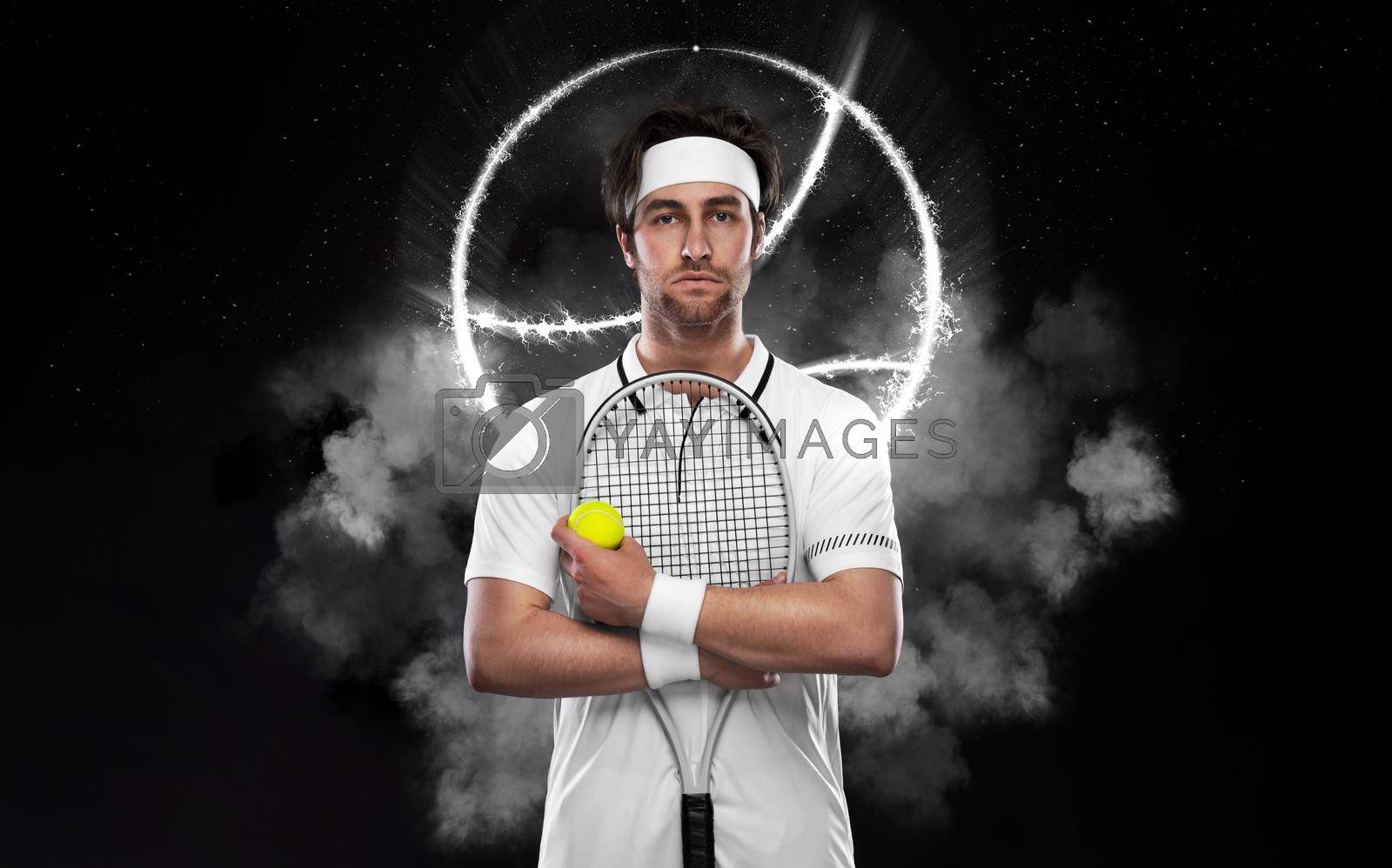 Royalty free image of Tennis player with racket in white costume. Man athlete on the grand arena with tennis courts. by MikeOrlov