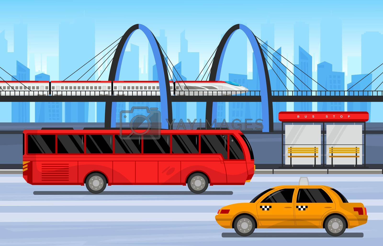Public transport composition trains buses and cabs go as usual around the city vector illustration