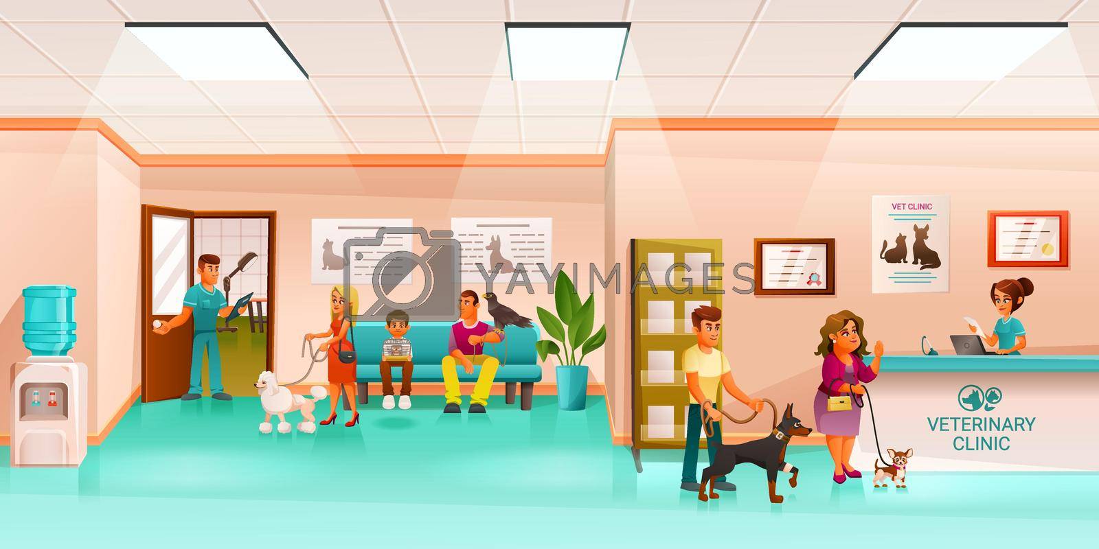 Veterinary clinic cartoon composition with view of reception hall with human characters and pets vector illustration