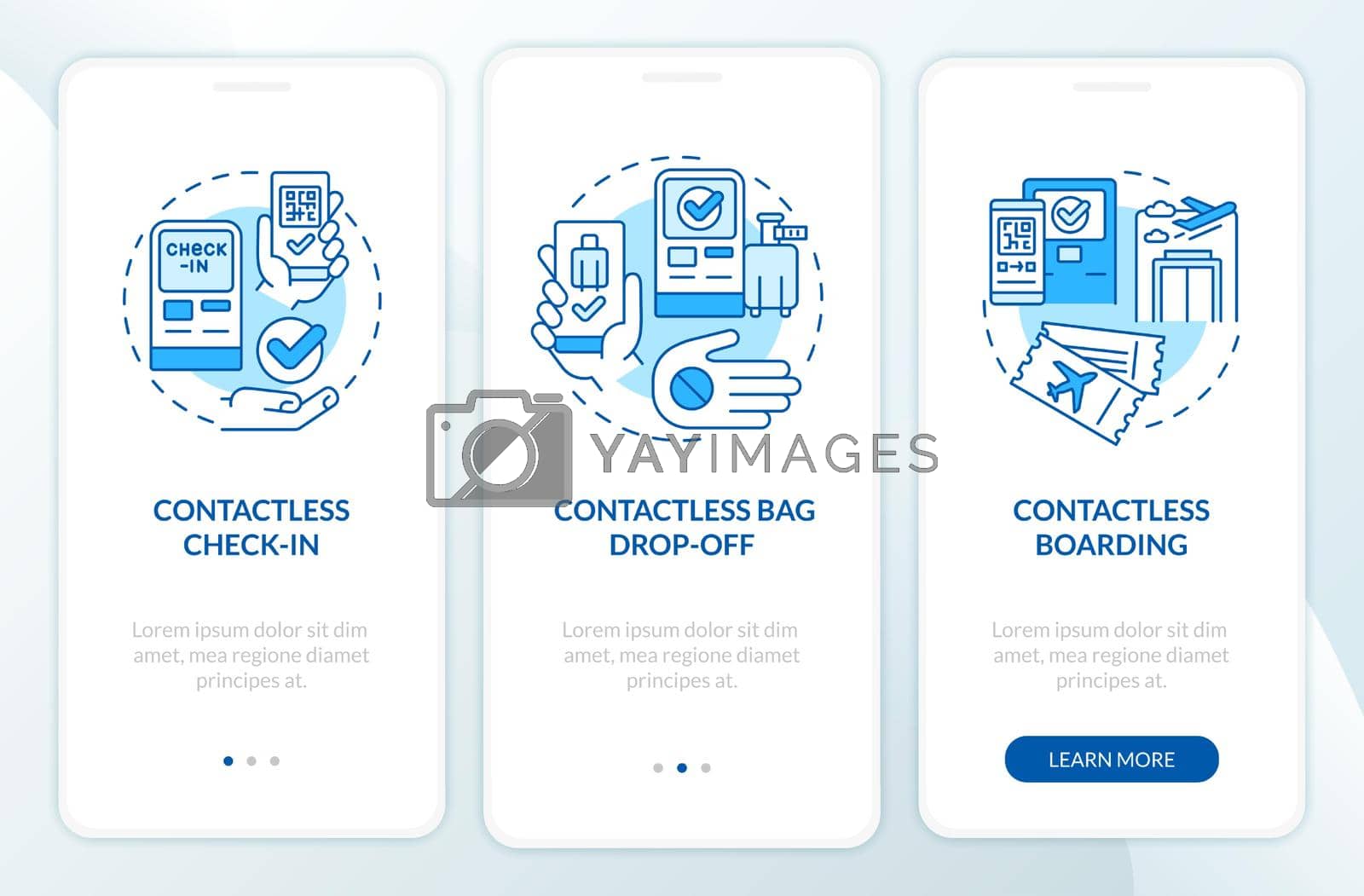 Contactless technology for travel blue onboarding mobile app screen. Walkthrough 3 steps graphic instructions pages with linear concepts. UI, UX, GUI template. Myriad Pro-Bold, Regular fonts used