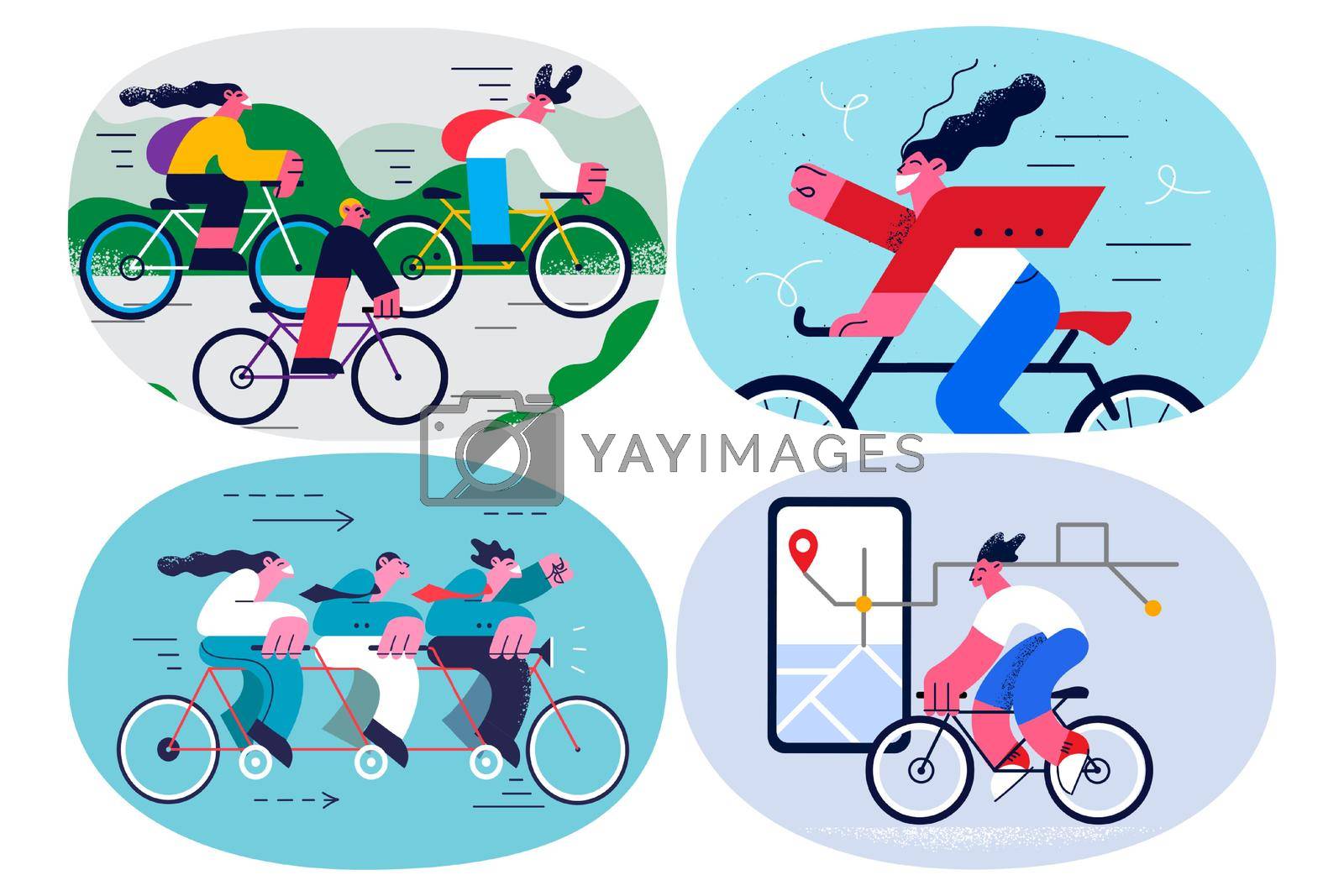 Set of diverse people ride bicycles relax on summer leisure weekend. Collection of men and women cyclist on bikes have fun rest enjoying active time spending. Flat vector illustration.