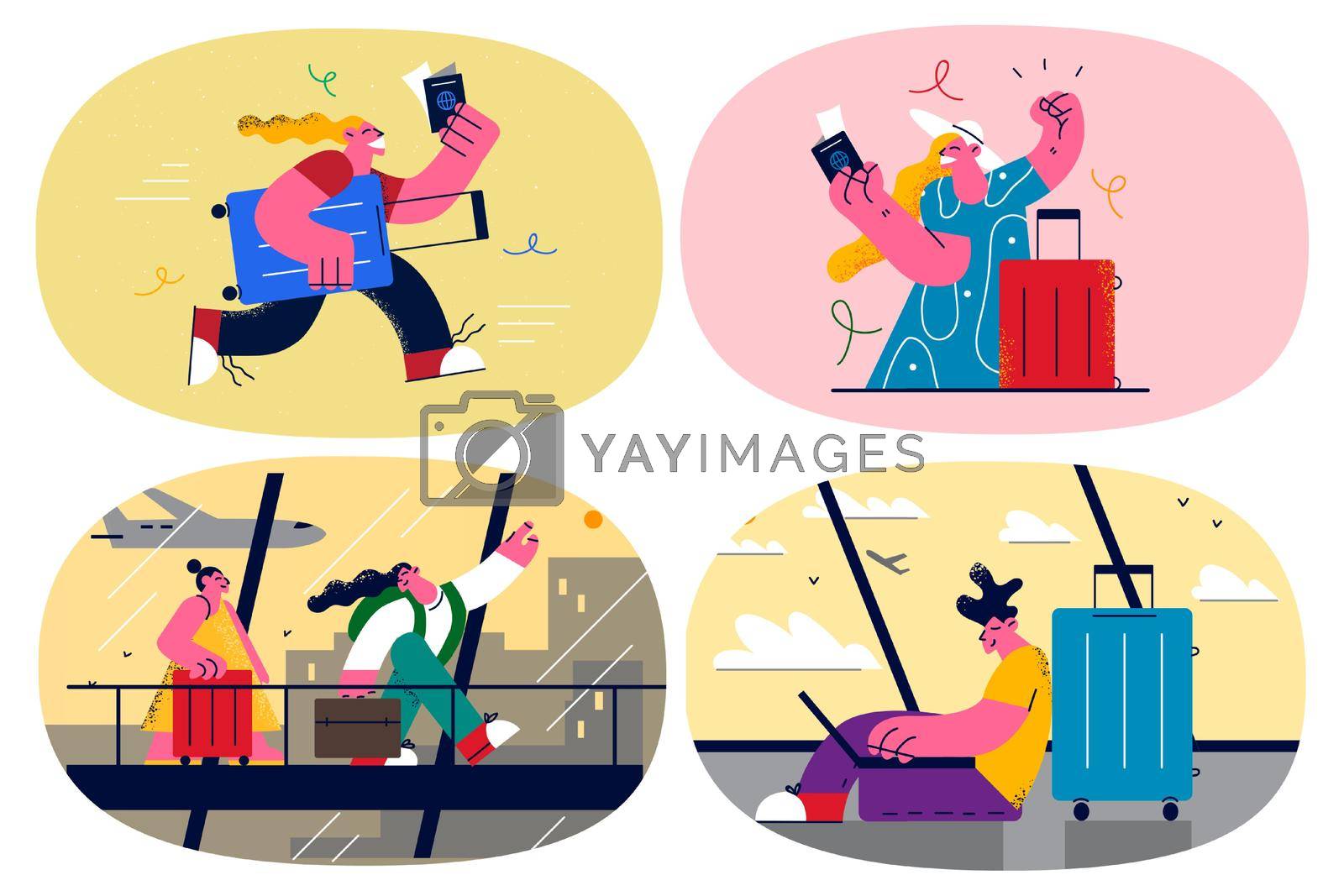 Set of overjoyed travelers with suitcases ready for summer vacation. Happy people excited travelling, have holiday or weekend abroad. Adventure and journey concept. Flat vector illustration.