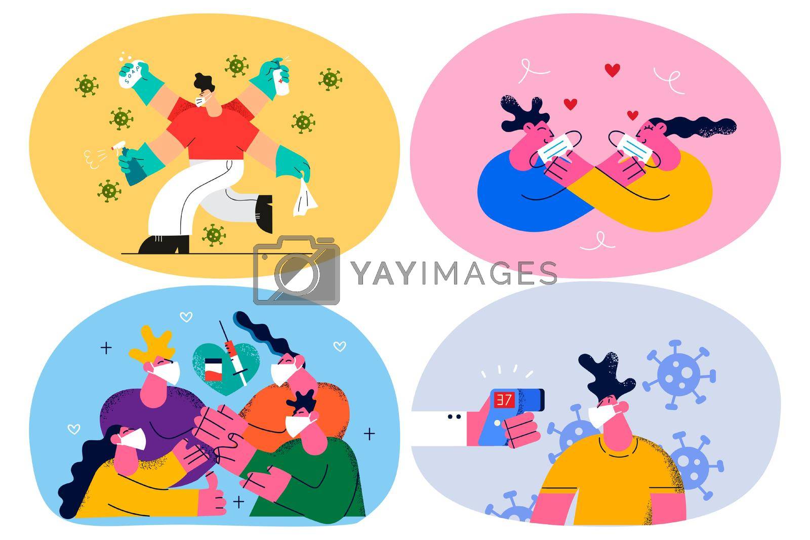 People take measures protect from covid-19 wear facemask, measure temperature and disinfect. Persons get vaccinated for coronavirus protection. Vaccination and healthcare. Vector illustration. Set.