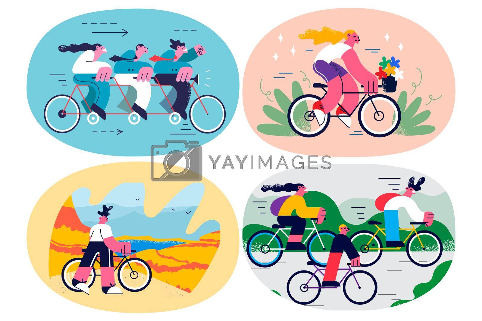 Royalty free image of Set of happy person enjoy summer hobby riding bike by Vasilyeu