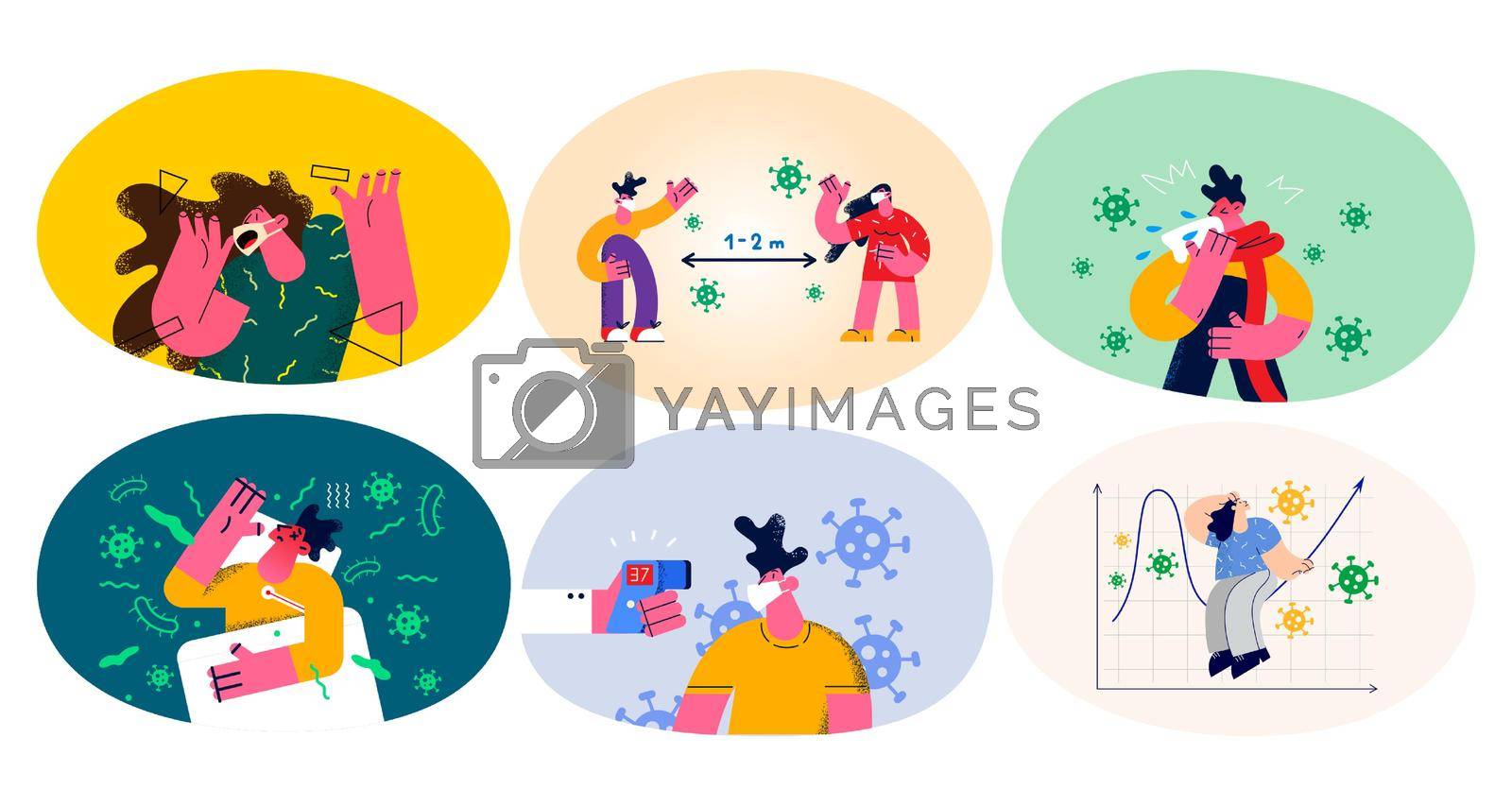 Set of diverse people take measures against corona virus pandemic. Collection of scared men and women protect from covid-19 infection. Social distancing and isolation. Flat vector illustration.