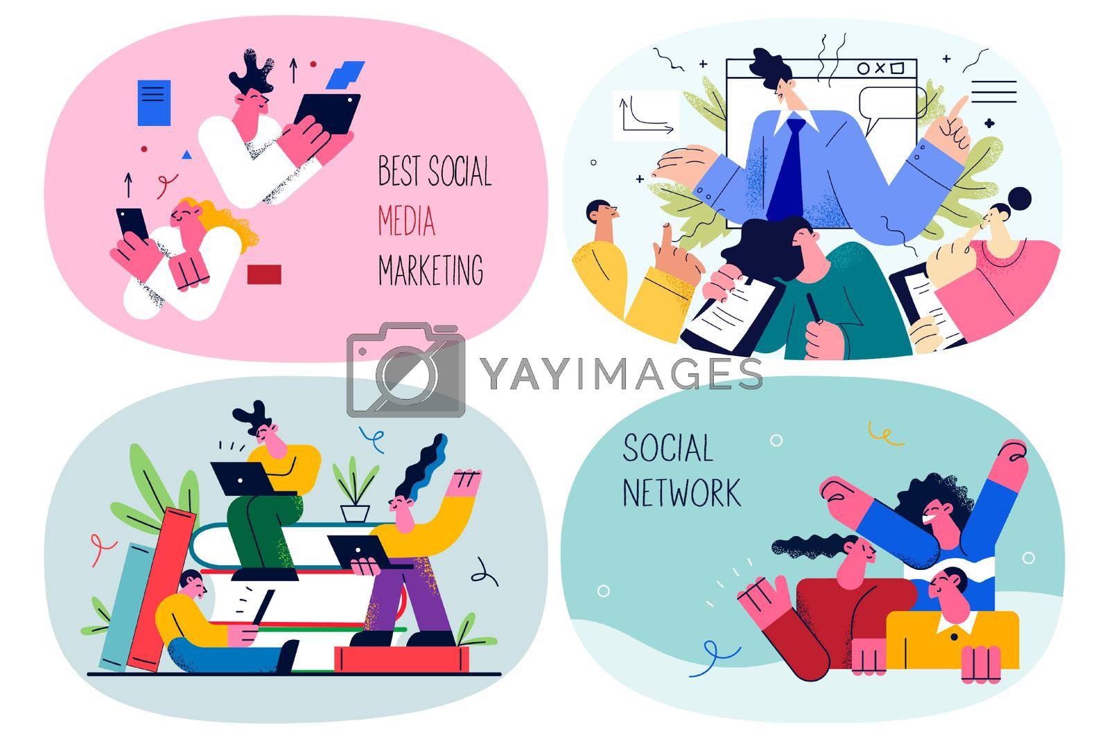 Happy young people enjoy online education study social media marketing on gadgets. Excited students learn smm on web course or training. Remote learning concept. Flat vector illustration. Set.