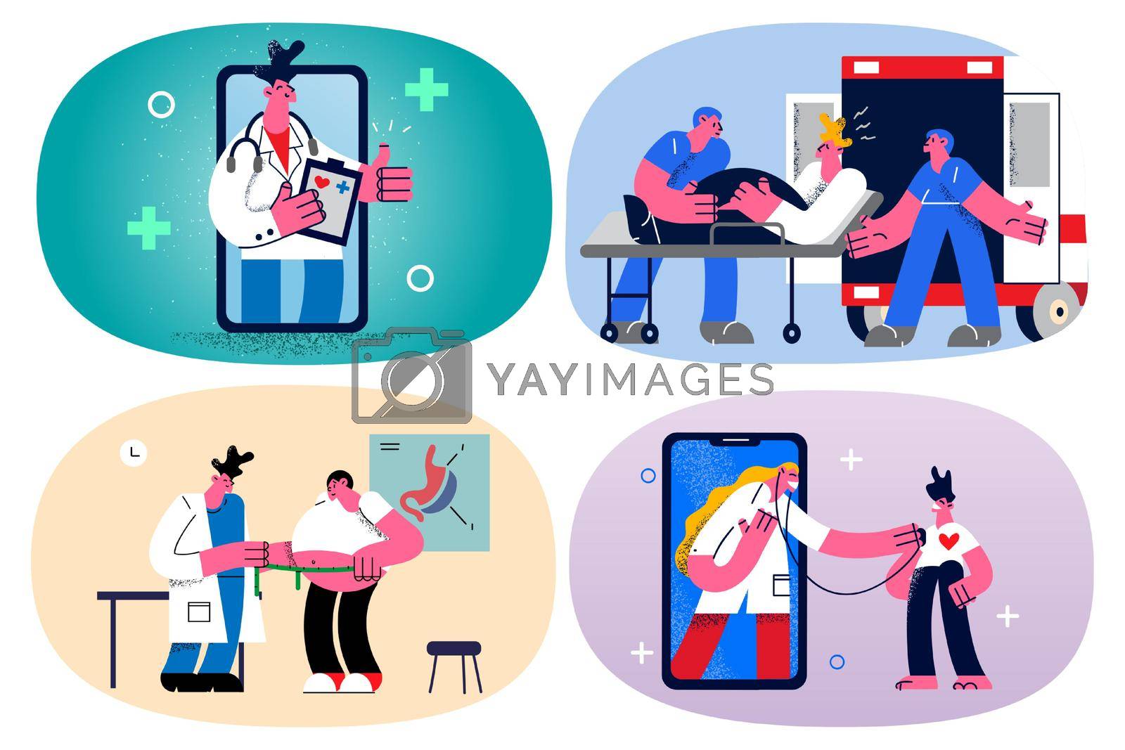 Set of doctors help patient consult sick people in hospital or clinic. Bundle of medical workers have consultation appointment with clients. Healthcare and medicine. Flat vector illustration.