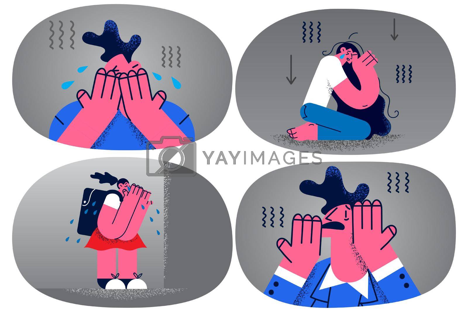 Unhappy man woman feel stressed having life problems unable to cope suffer from depression. Distressed people struggle with nervous breakdown or mental disorder. Anxiety attack. Vector illustration.