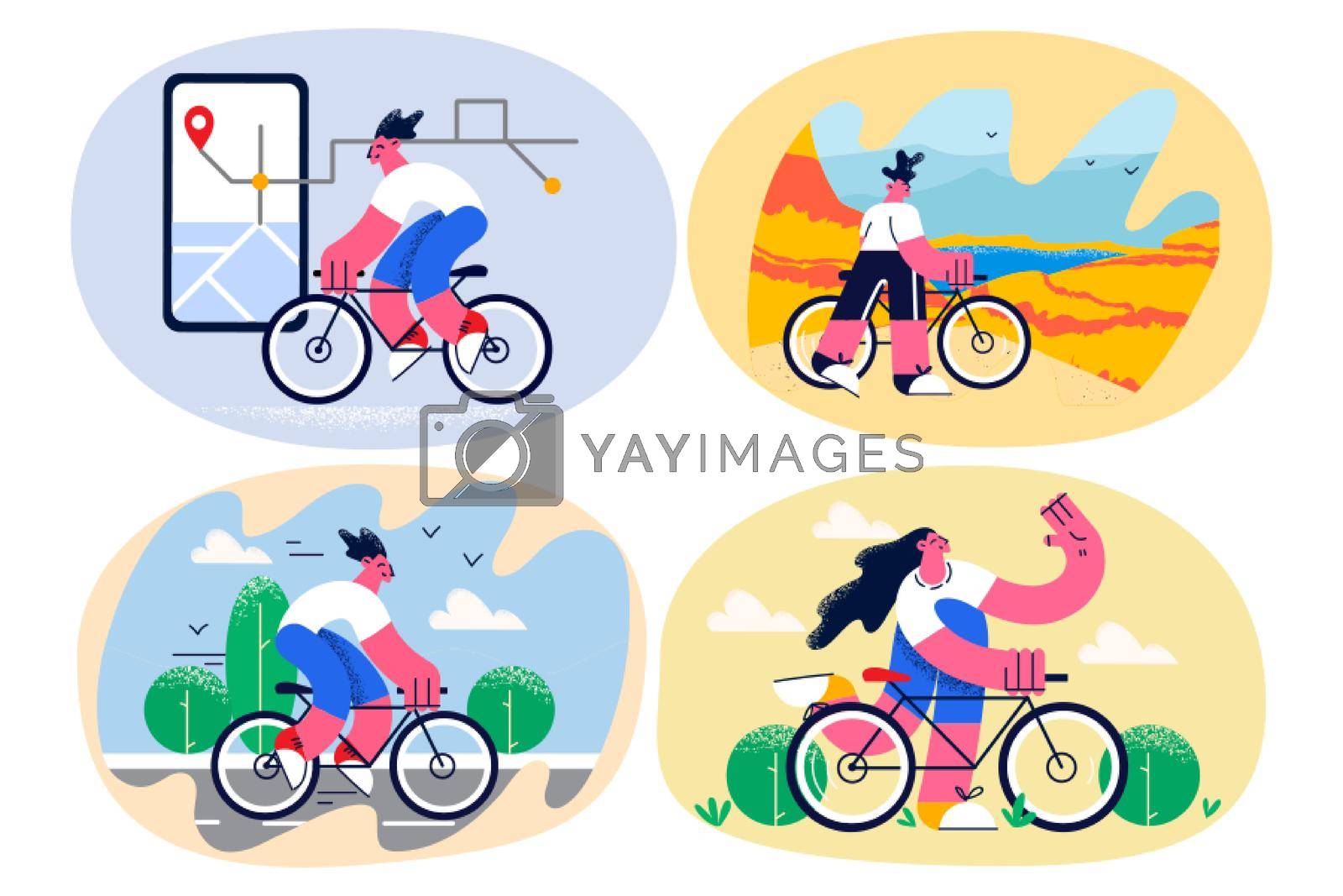 Set of young person enjoy outdoor summer activity riding bicycle on leisure . People have fun relax outside ride bike do sports involved in physical activity. Summer hobby. Flat vector illustration. 
