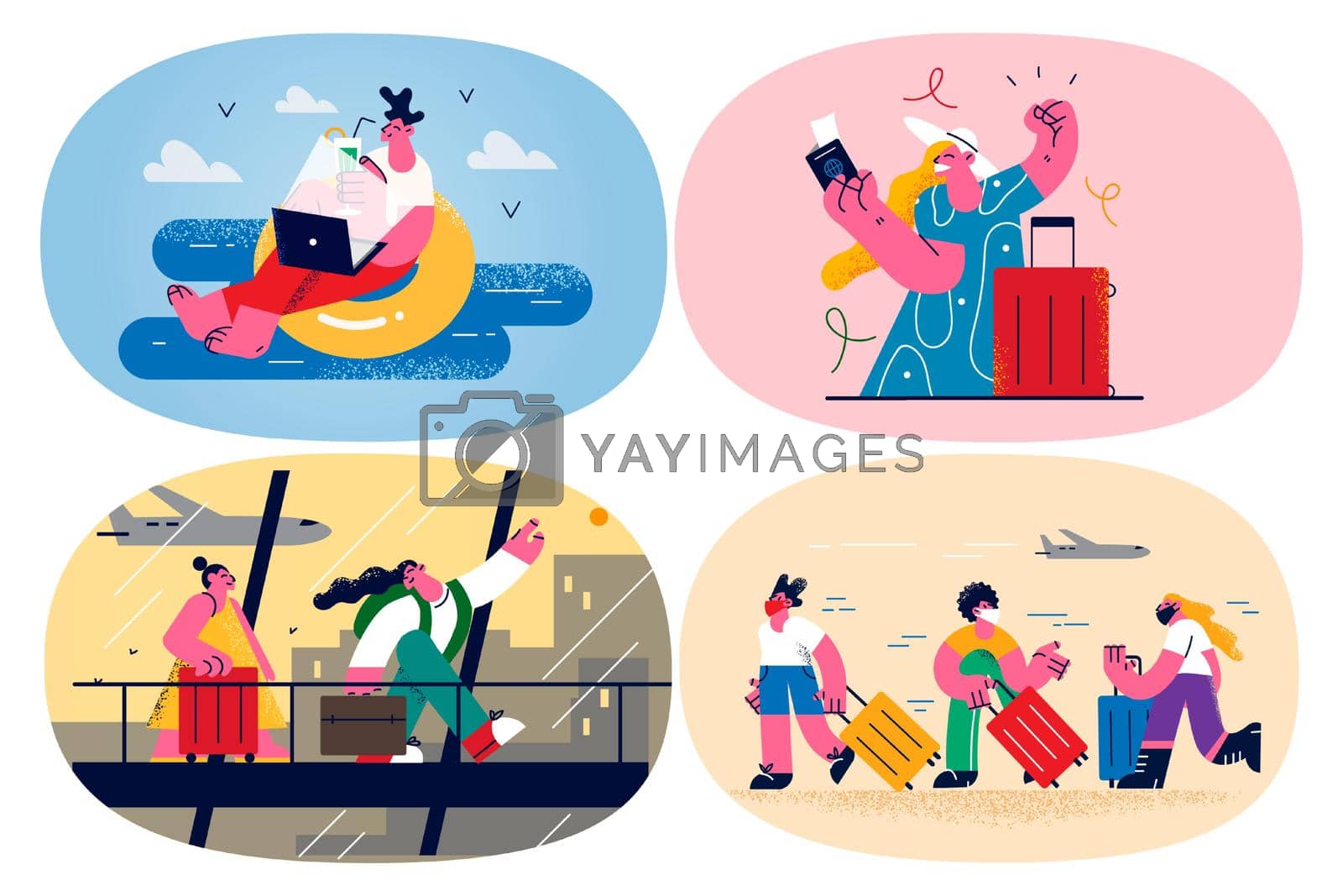 Happy people in airport ready for summer vacation. Smiling cartoon character person excited with travel. Tourism during covid-19 times. Freelance remote work. Flat vector illustration. Set.