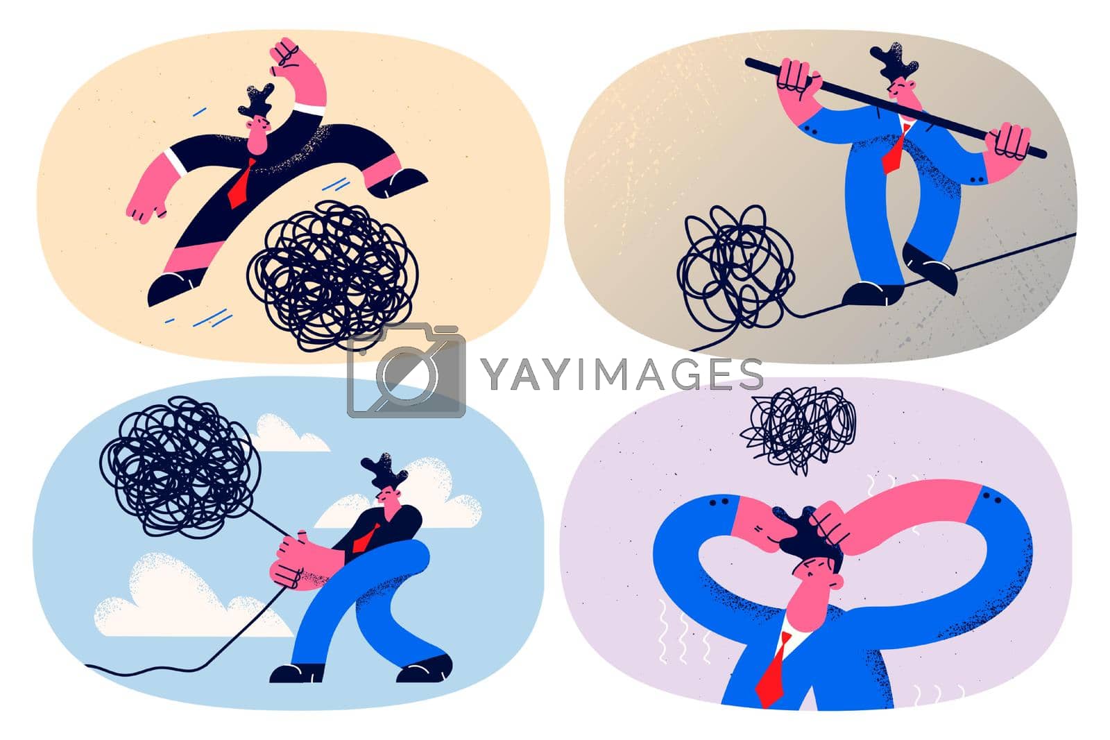 Set of businessman with bundled rope involved in difficult risky business deal. Businesspeople find look for solution risk for career or goal achievement. Challenge concept. Vector illustration.
