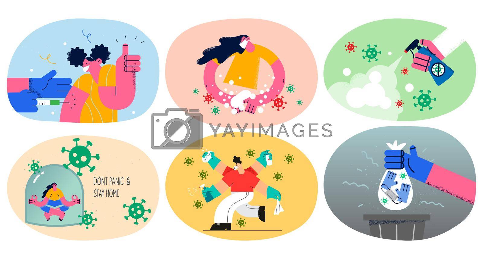 Set of diverse people fight with covid-19 pandemic, wear facemask disinfect hands. Collection of men or women take measures protect from corona virus epidemic. Healthcare. Vector illustration.