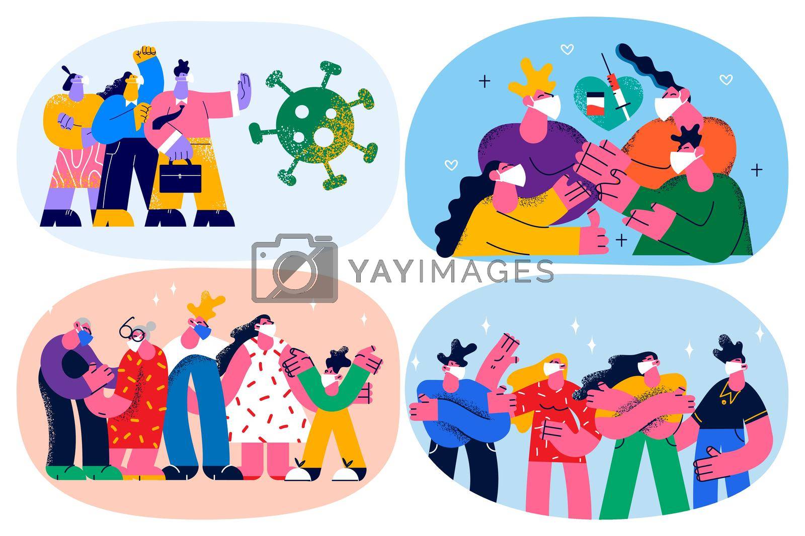 Set of people wearing facemask get vaccinated against corona virus. Diverse men and women in facial mask protect from covid-19. Vaccination and healthcare concept. Flat vector illustration.