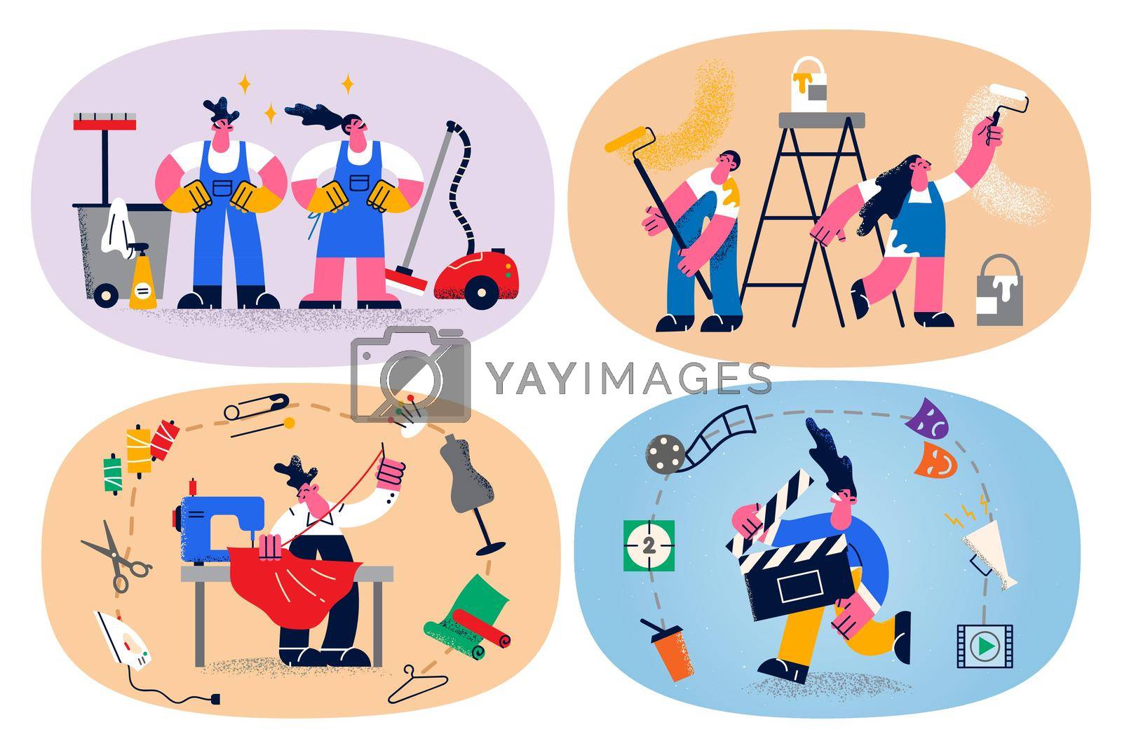 Set of diverse people occupations. Collection of person professional or specialist work with clients. Housekeeping and repairman service. Artistic designer and film producer. Vector illustration.