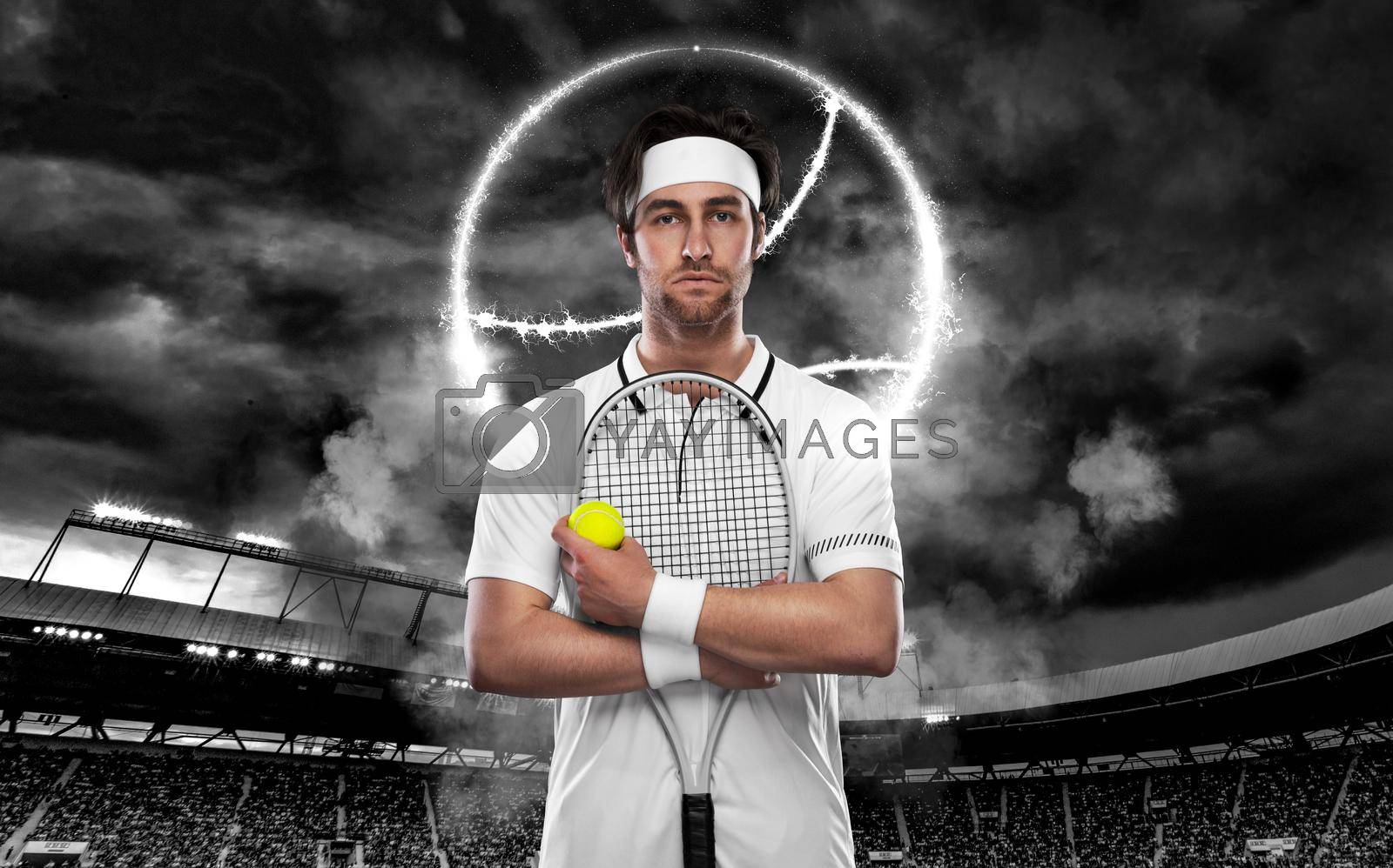 Royalty free image of Tennis player with racket in white costume. Man athlete on the grand arena with tennis courts. by MikeOrlov