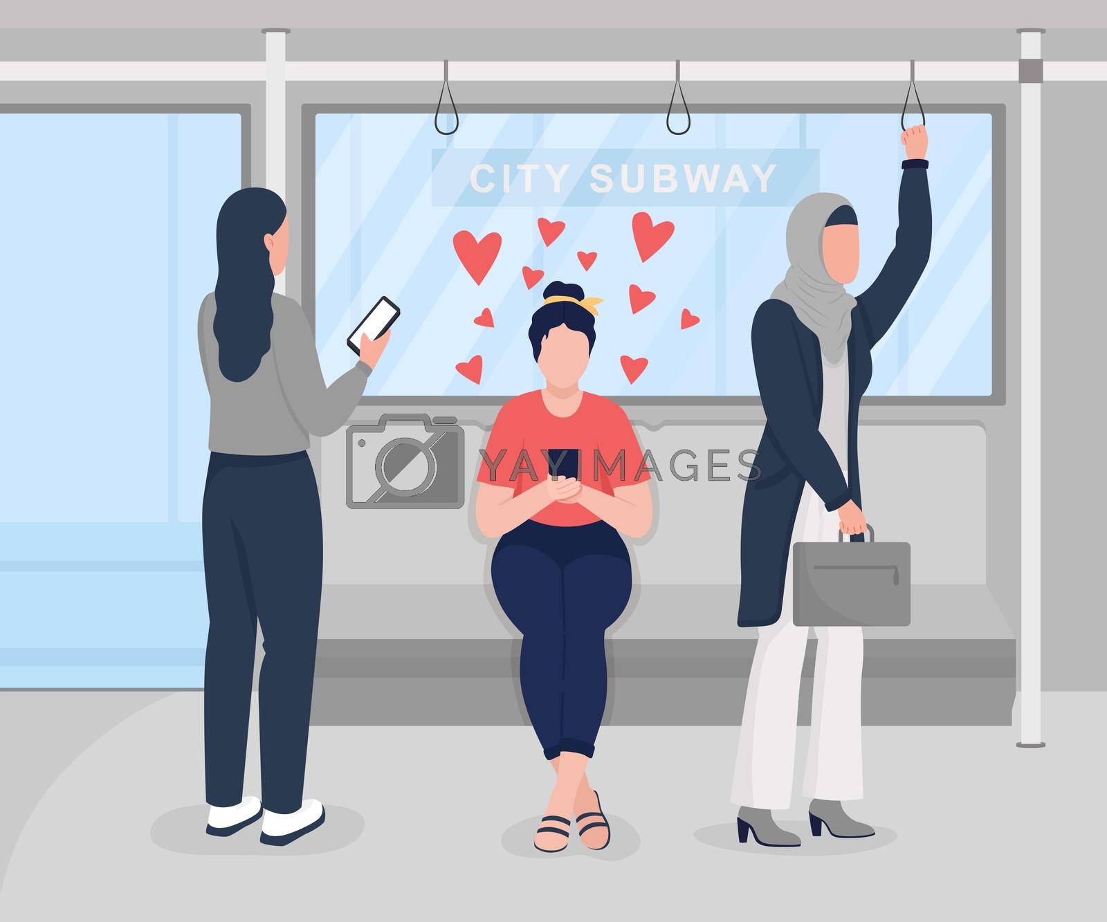 Spending time in public transport with dating app flat color vector illustration. Enamored woman surrounded by female passengers 2D cartoon characters with city subway on background