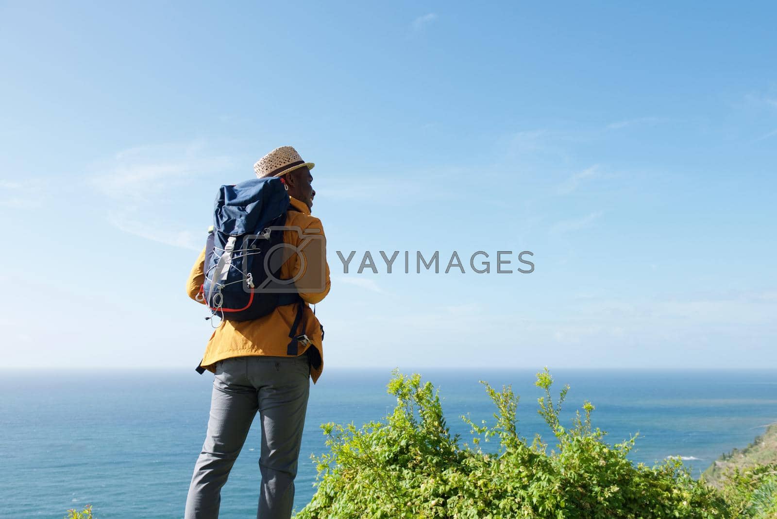 Royalty free image of behind of happy black man with backpack looking at sea view by mimagephotography