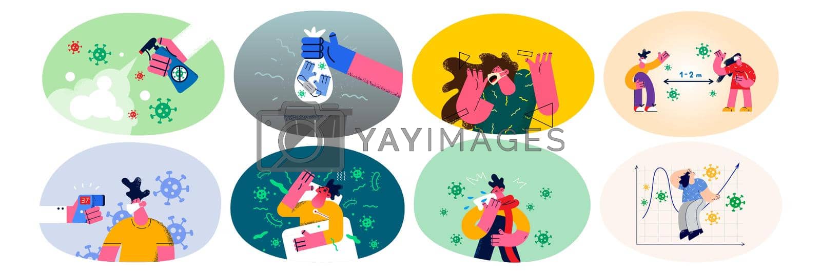 Set of people take measures against covid-19 pandemics. Collection of men and women infected with corona virus keep social distancing disinfect hands. Healthcare and medicine. Vector illustration.