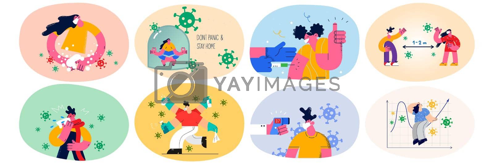 Set of diverse people in facemask and gloves take measures against corona virus. Collection of men and women in facial masks disinfect hands, get vaccinated against covid-19. Vector illustration.
