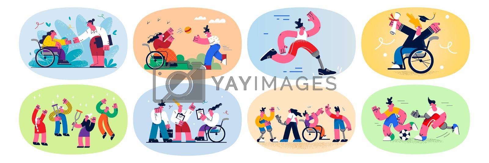Set of diverse people with physical disabilities have fun play and graduate from university. Collection of men and women with chronic disability live full life. Diversity. Flat vector illustration.